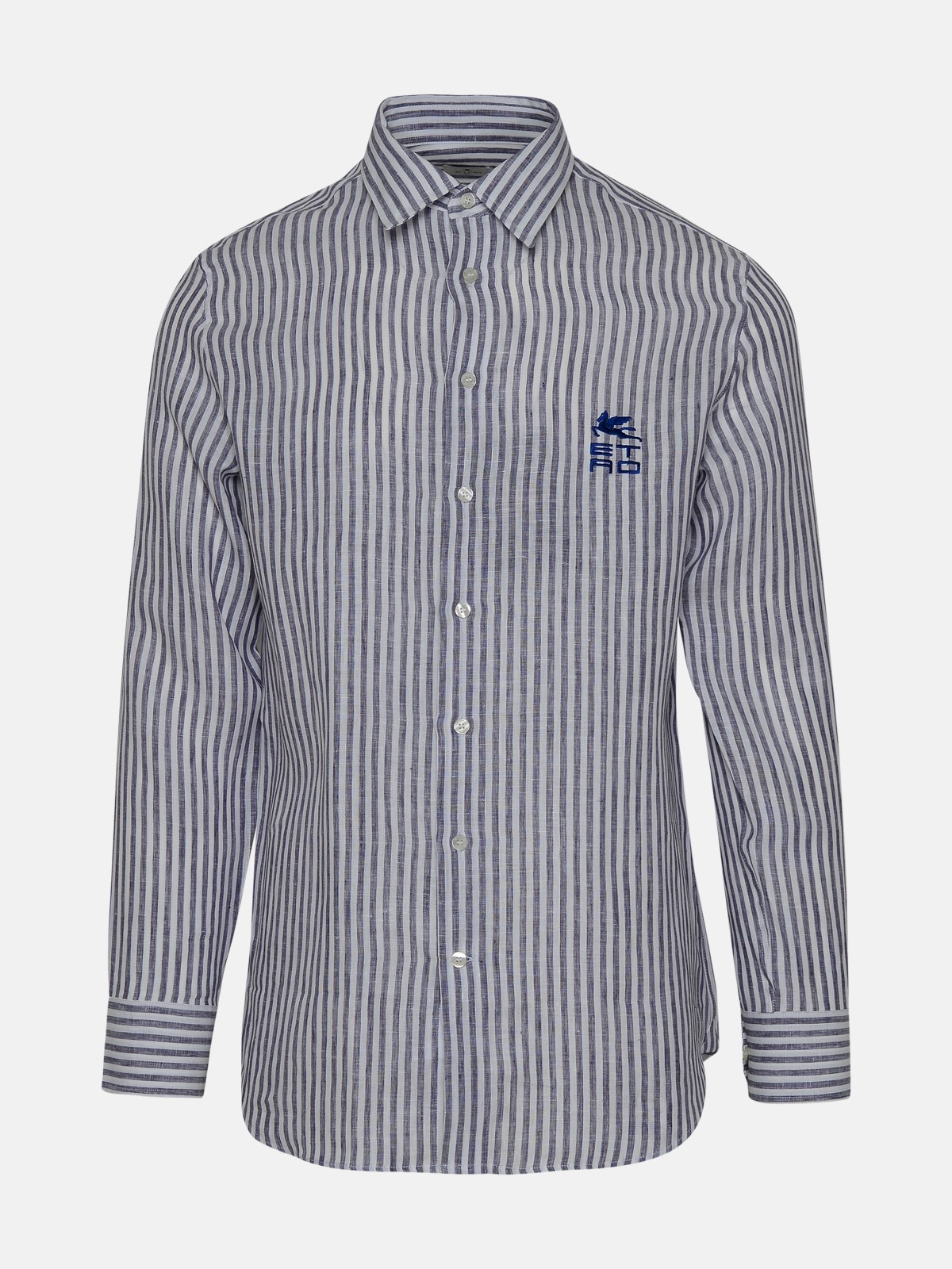 Etro Blue Striped Linen Roma Shirt In Multi