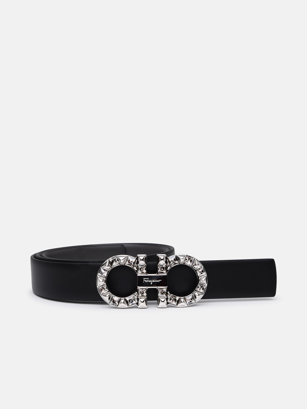 Ferragamo Black Leather Belt In Grey