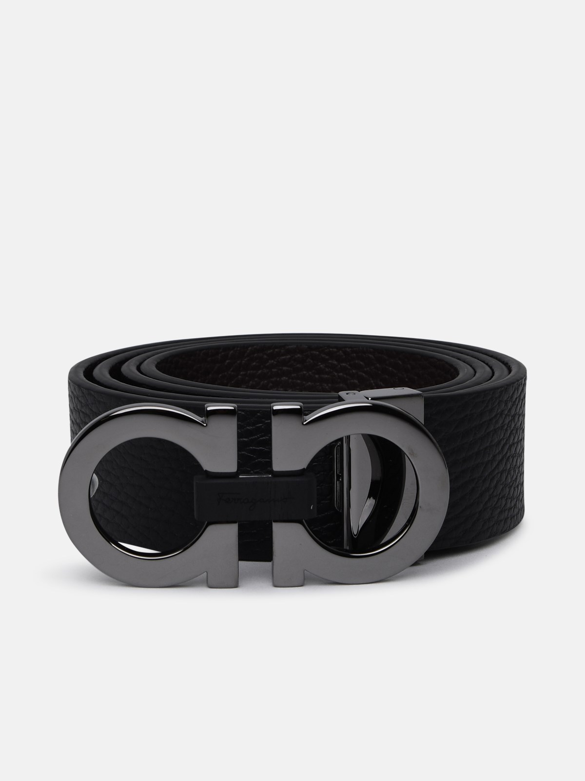 Ferragamo Hammered Leather Reversible Belt In Black