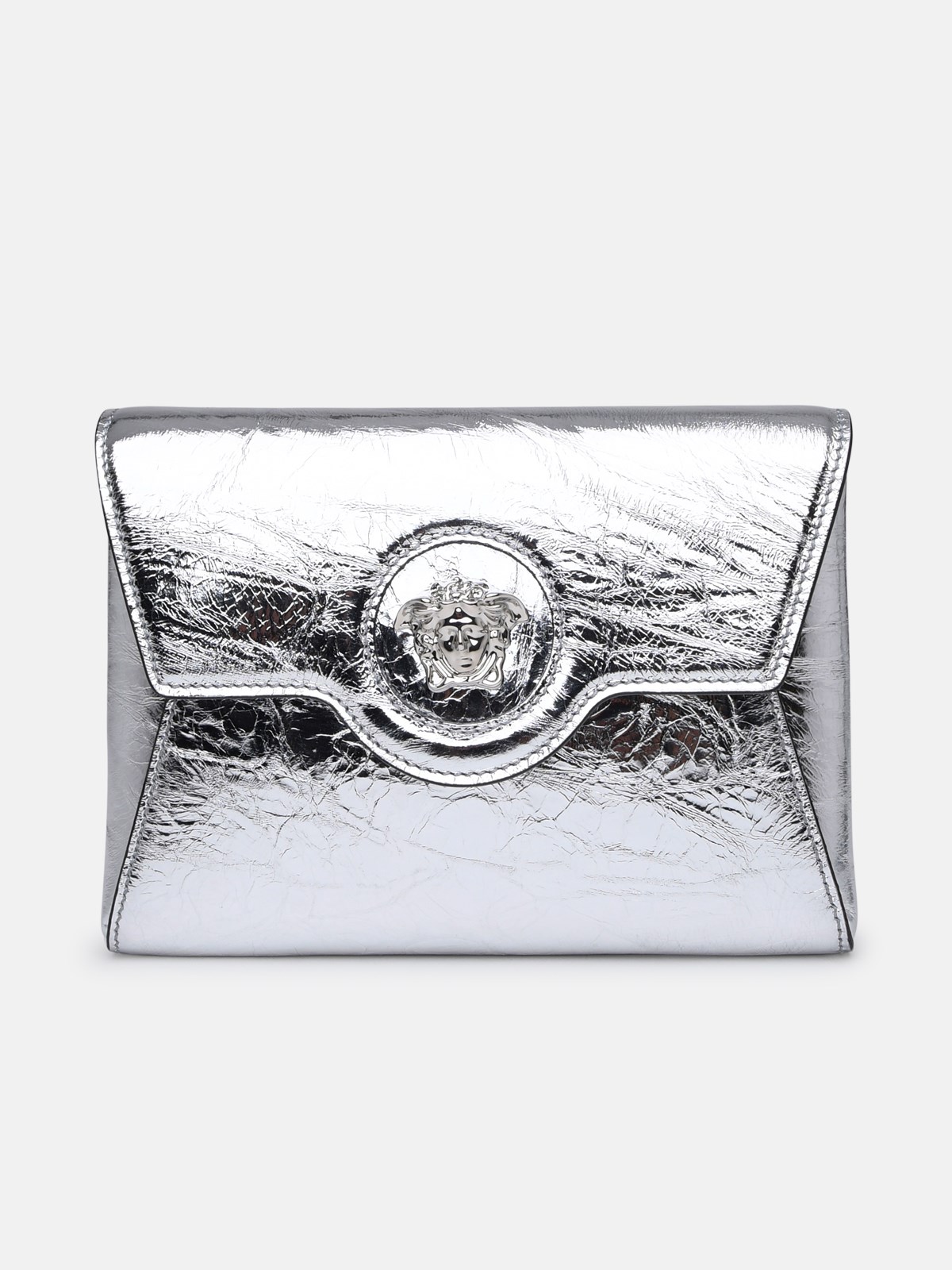 Versace La Medusa Silver Laminated Leather Clutch Bag | ModeSens