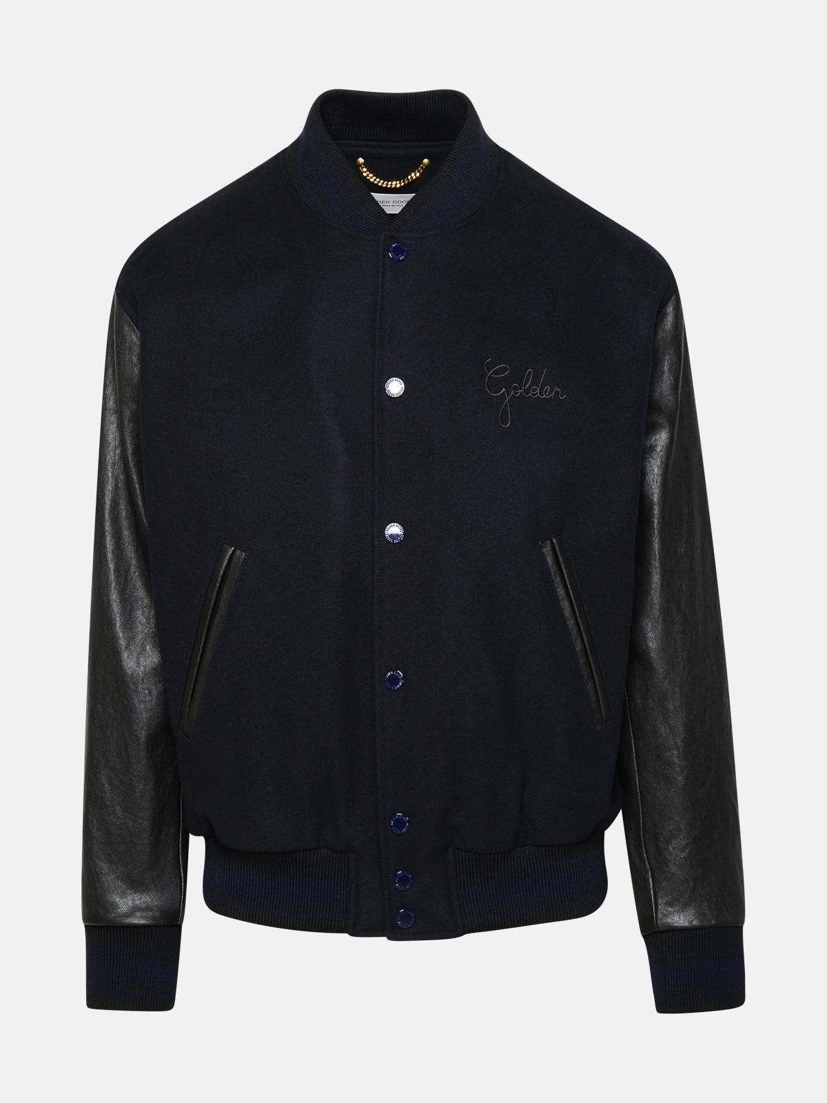 Golden Goose Bomber Jacket In Blue And Black Virgin Wool Blend In Black