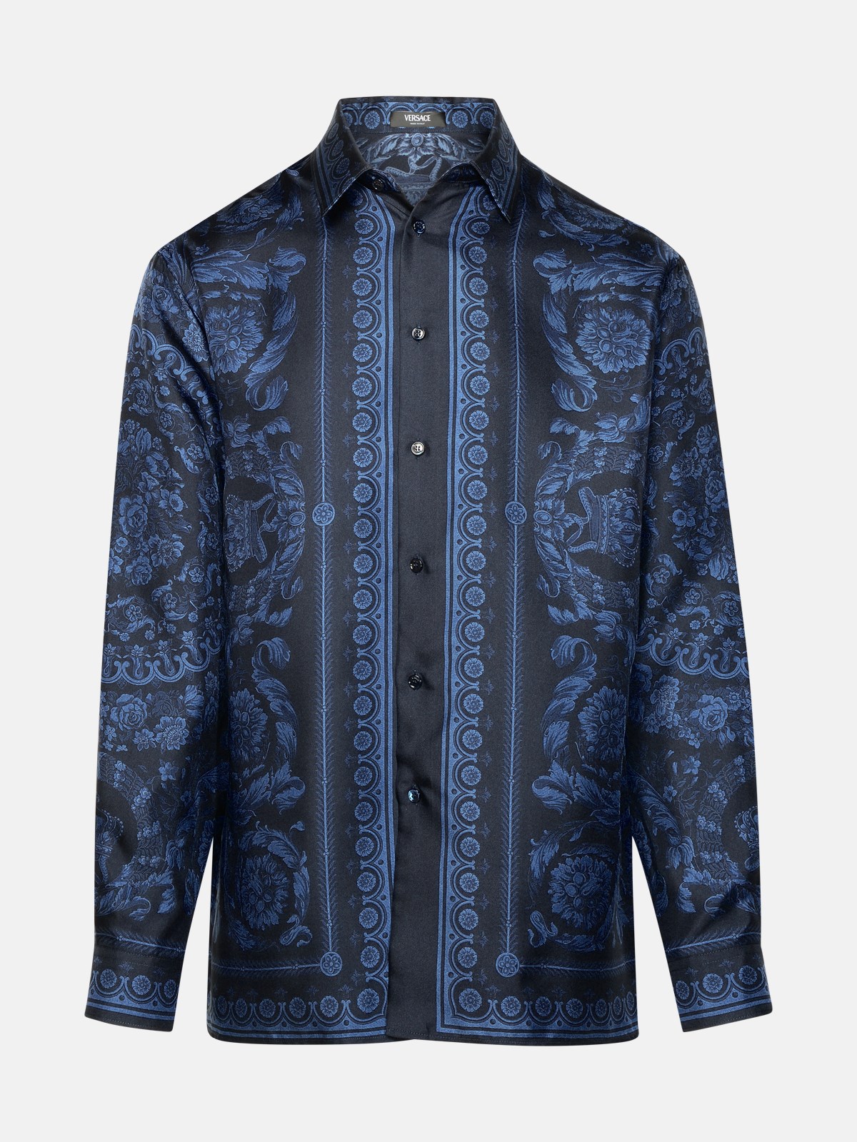 Versace 'barocco' Blue Silk Shirt In Navy