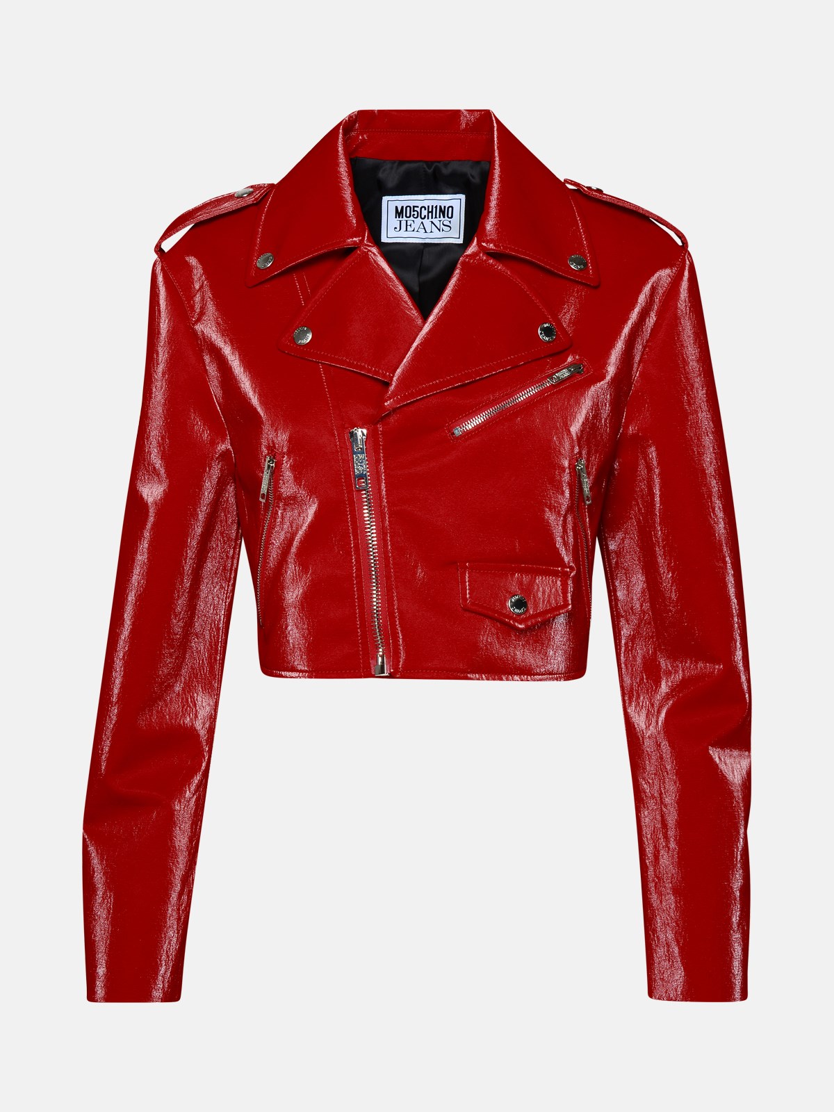 Shop Moschino Jeans Red Cotton Blend Biker Jacket