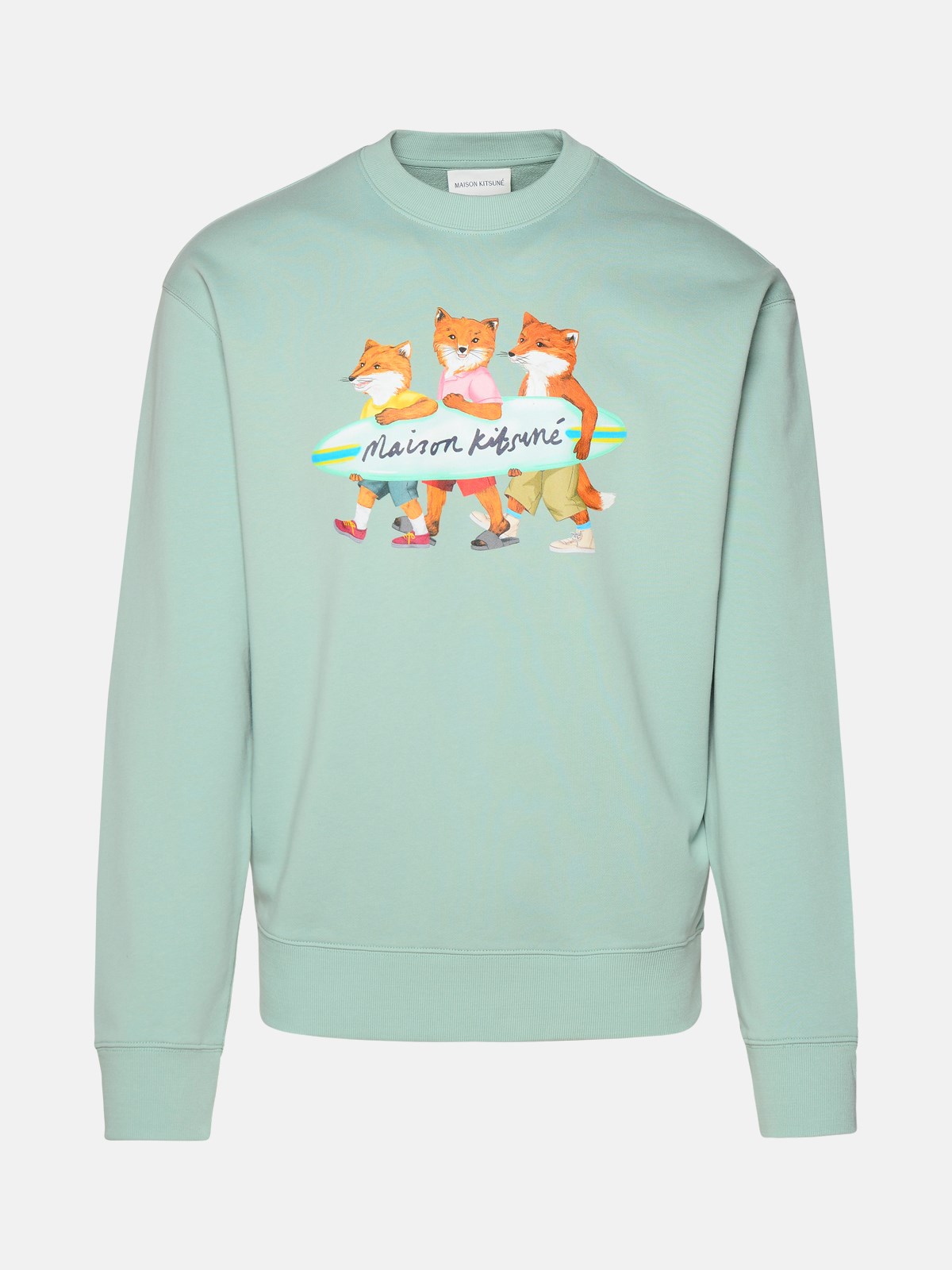 MAISON KITSUNÉ SURFING FOXES' PASTEL TURQUOISE COTTON SWEATSHIRT 