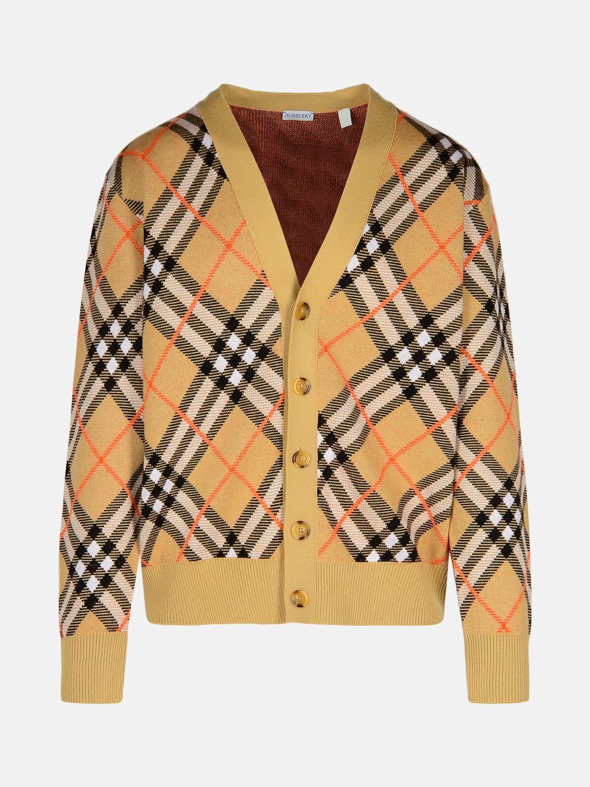 Shop Burberry 'check' Beige Wool Cardigan