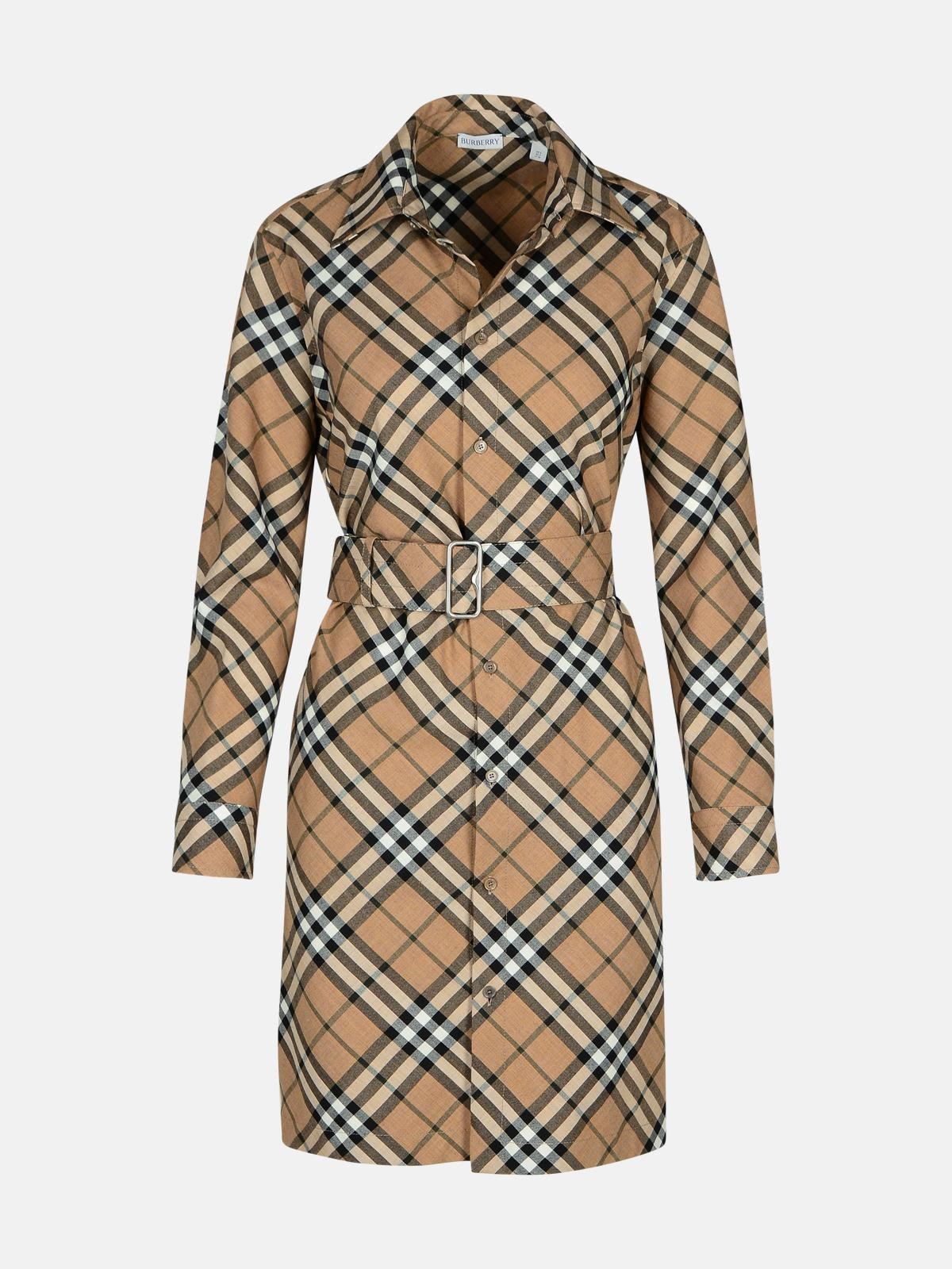 Shop Burberry 'check' Dress In Beige Wool Blend