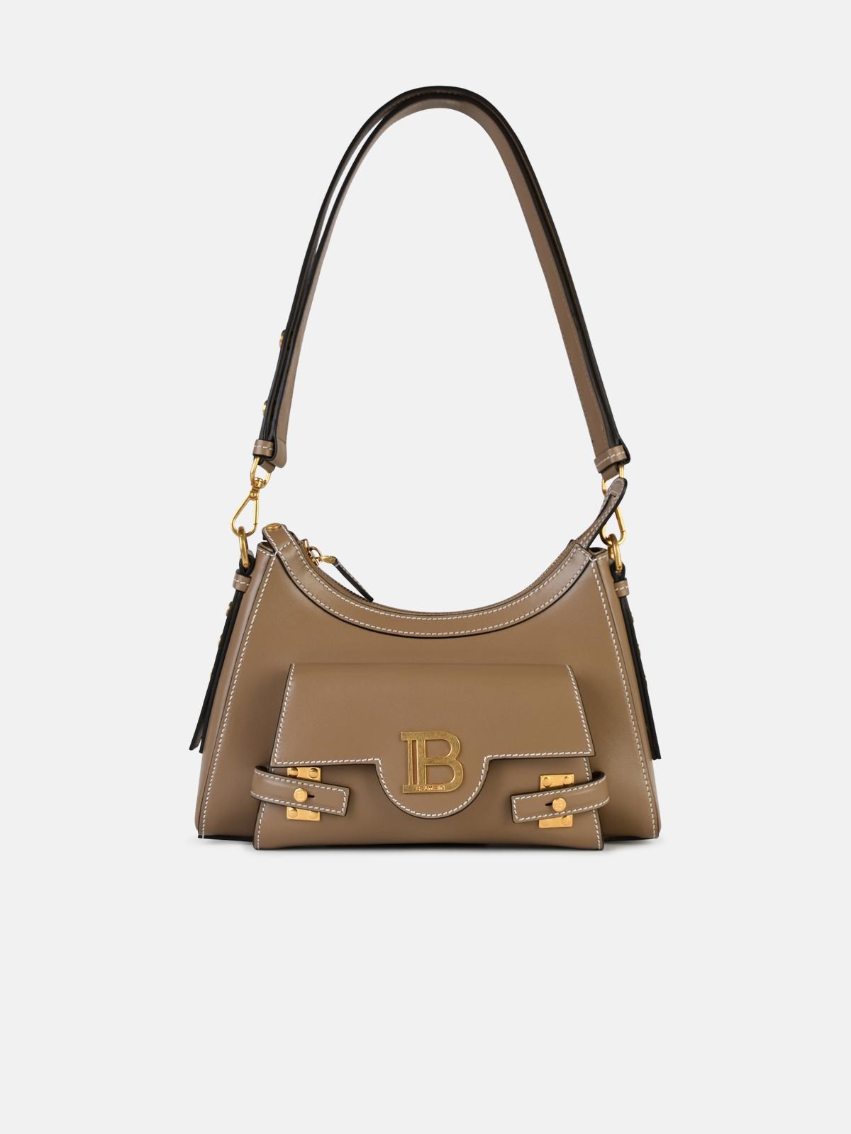 Shop Balmain 'hobo B-buzz' Beige Leather Bag