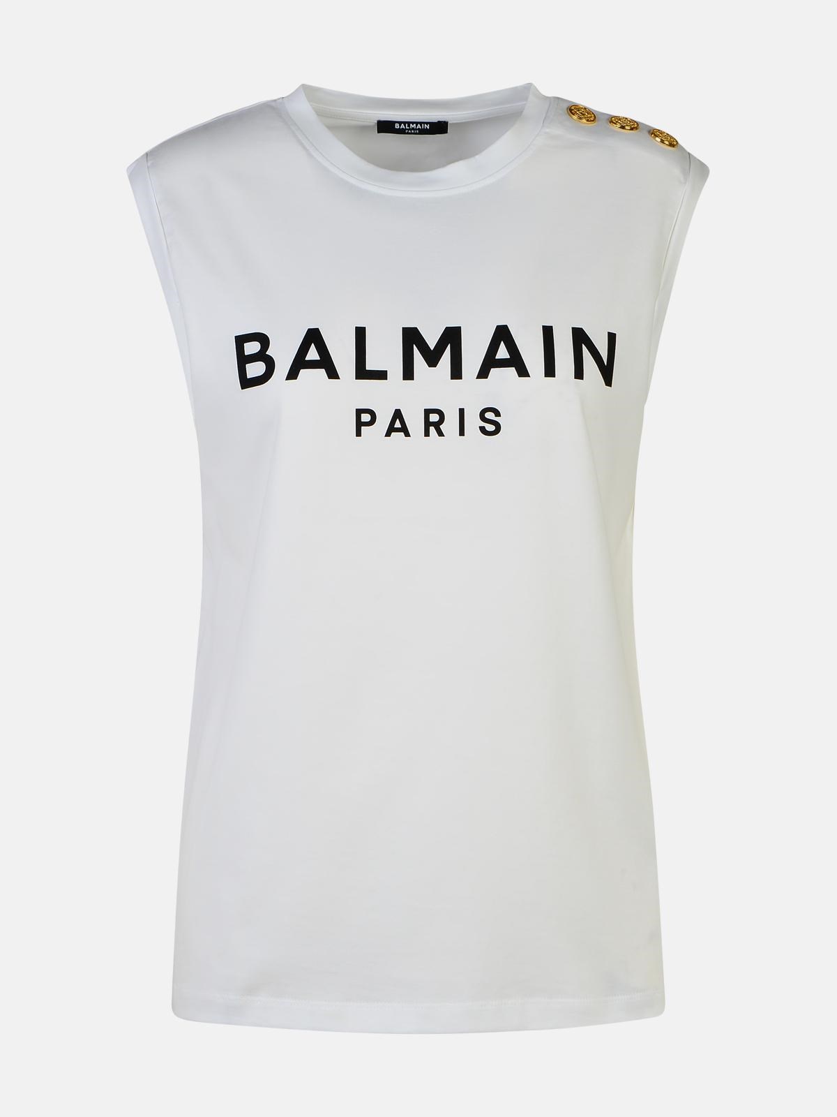 Balmain White Cotton Tank Top In White