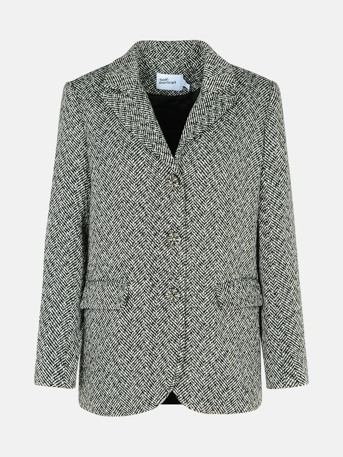 Self-portrait 'herringbone' Black Polyester Blend Blazer In Black