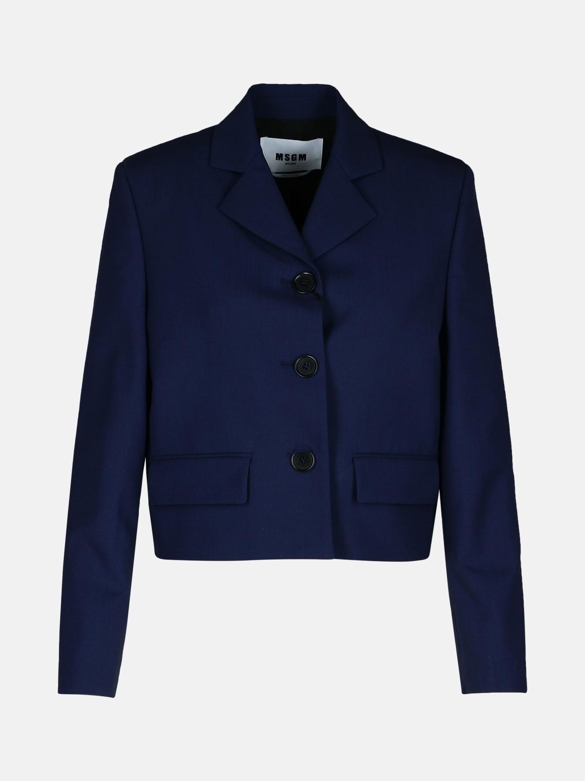 MSGM NAVY VIRGIN WOOL CROP BLAZER 