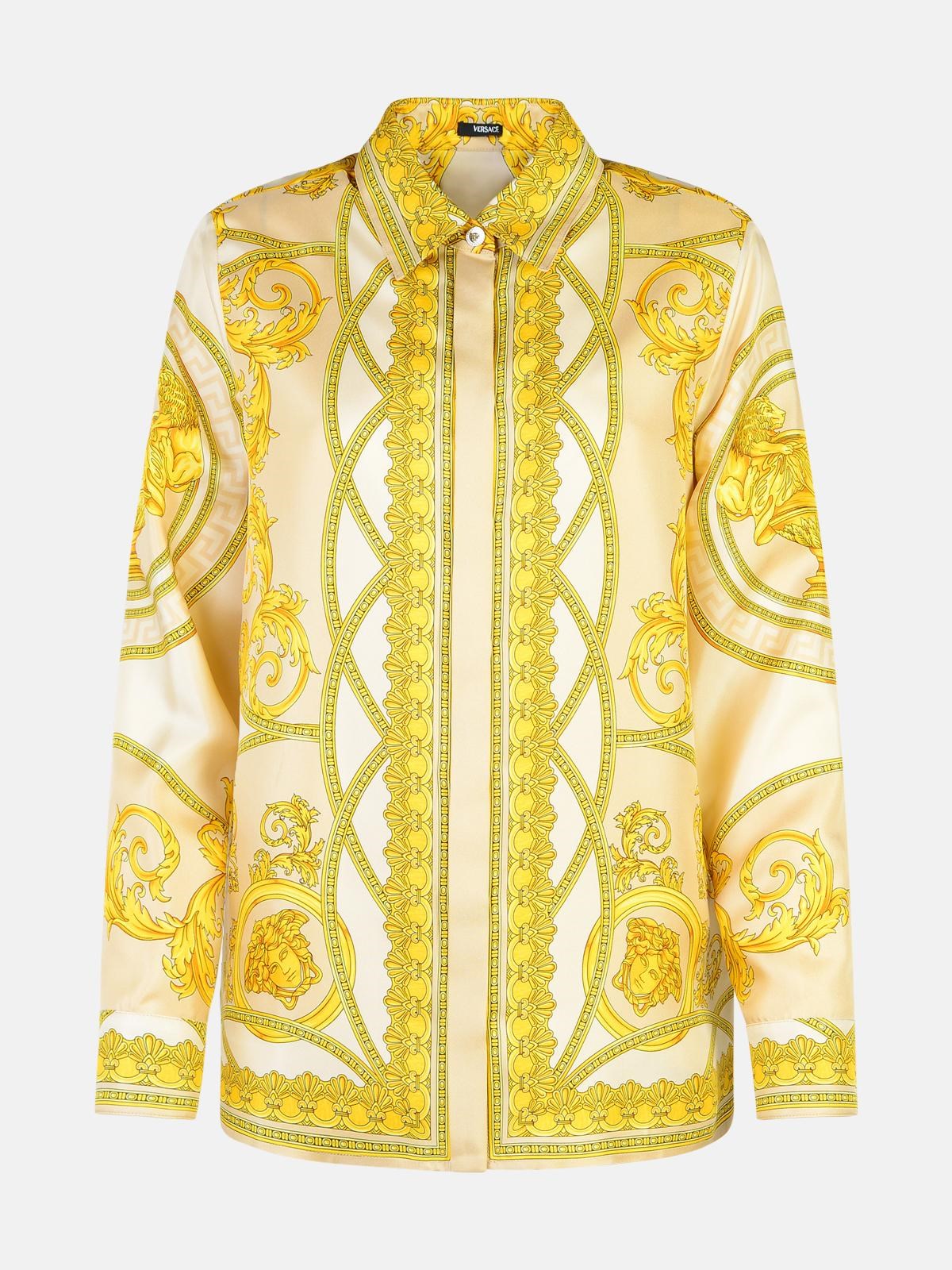 Shop Versace 'barocco' Gold Silk Shirt In Beige