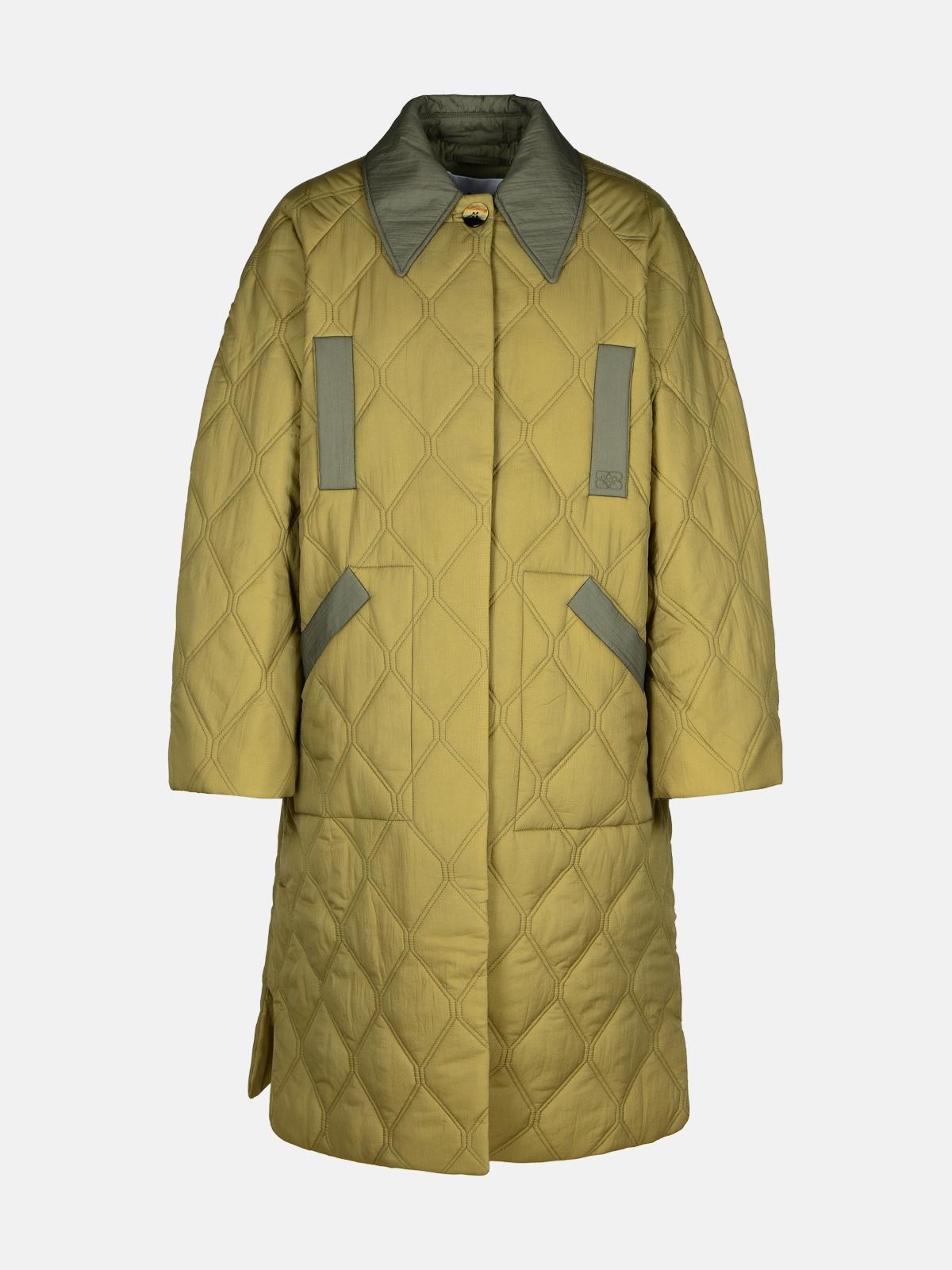 Shop Ganni Quilted Coat In Green Polyamide