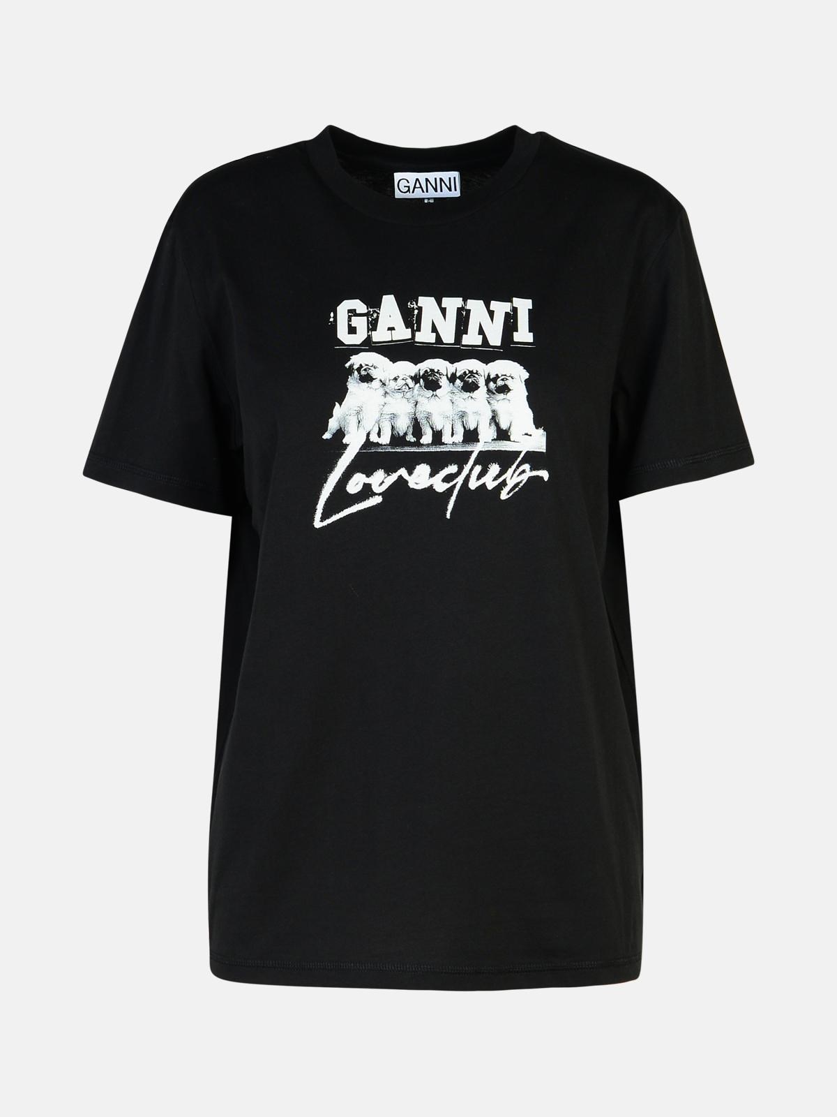 Shop Ganni 'puppy Love' Black Cotton T-shirt