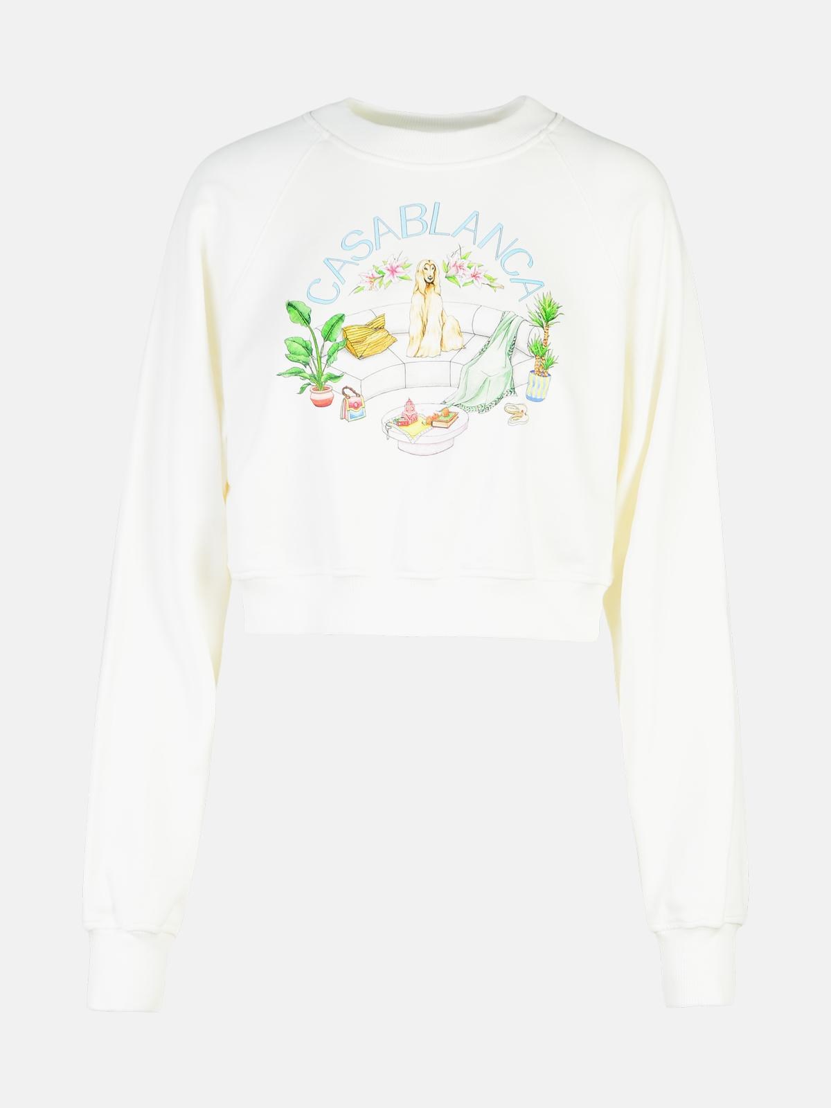 Shop Casablanca 'crop' White Cotton Sweatshirt