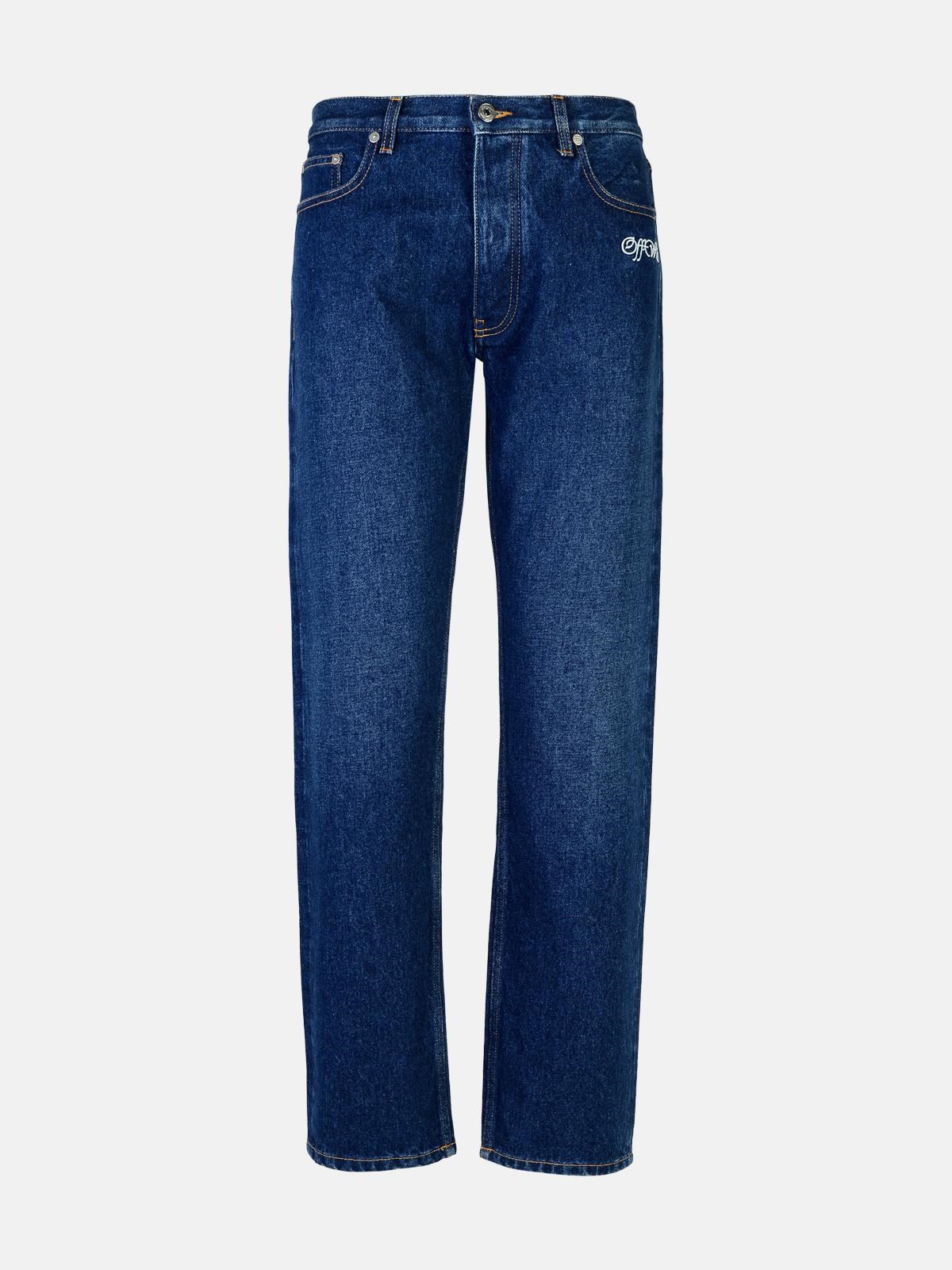 Shop Off-white 'script Tapered' Blue Cotton Jeans