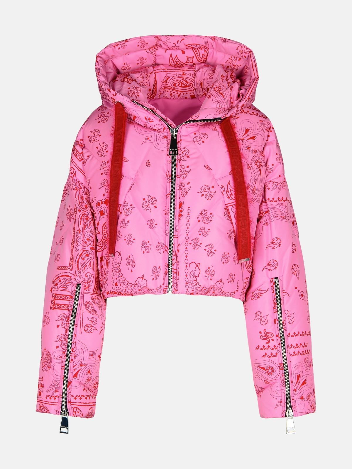 Shop Khrisjoy 'crop Bandana' Pink Polyester Blend Down Jacket In Fuchsia