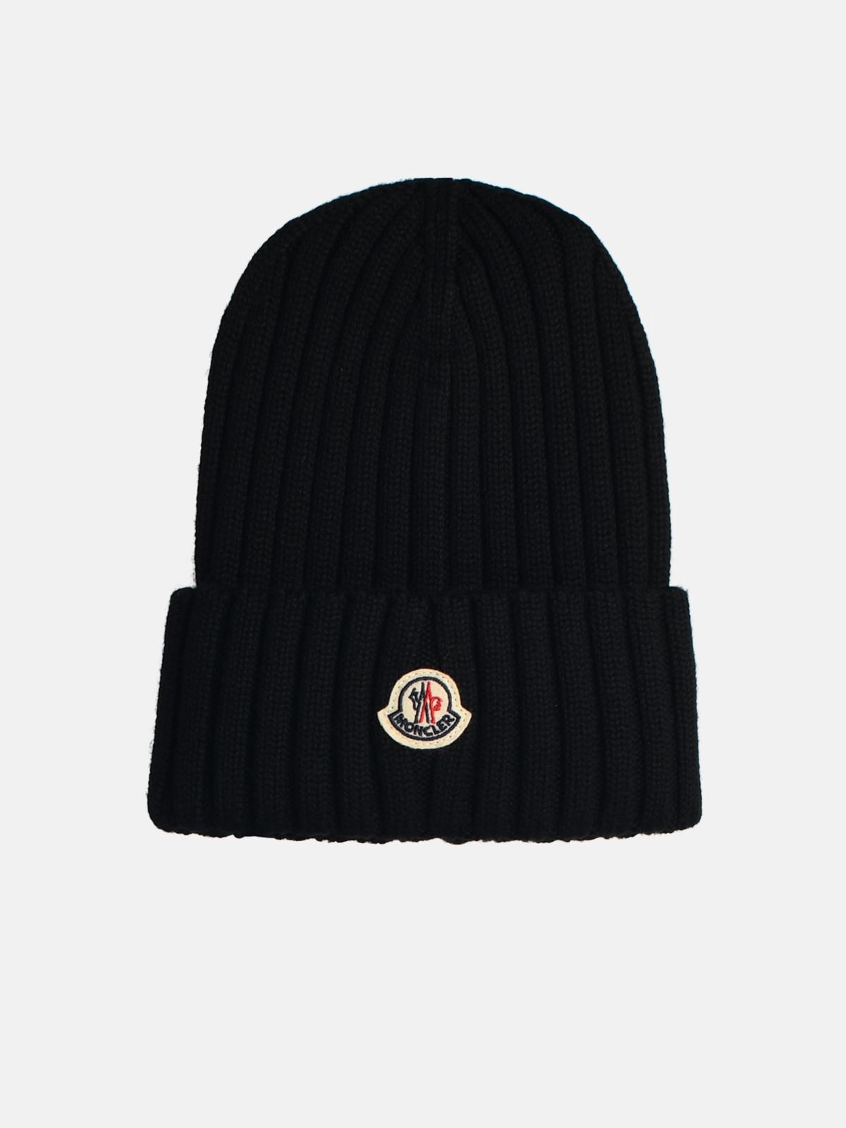 Moncler Black Virgin Wool Beanie In Black