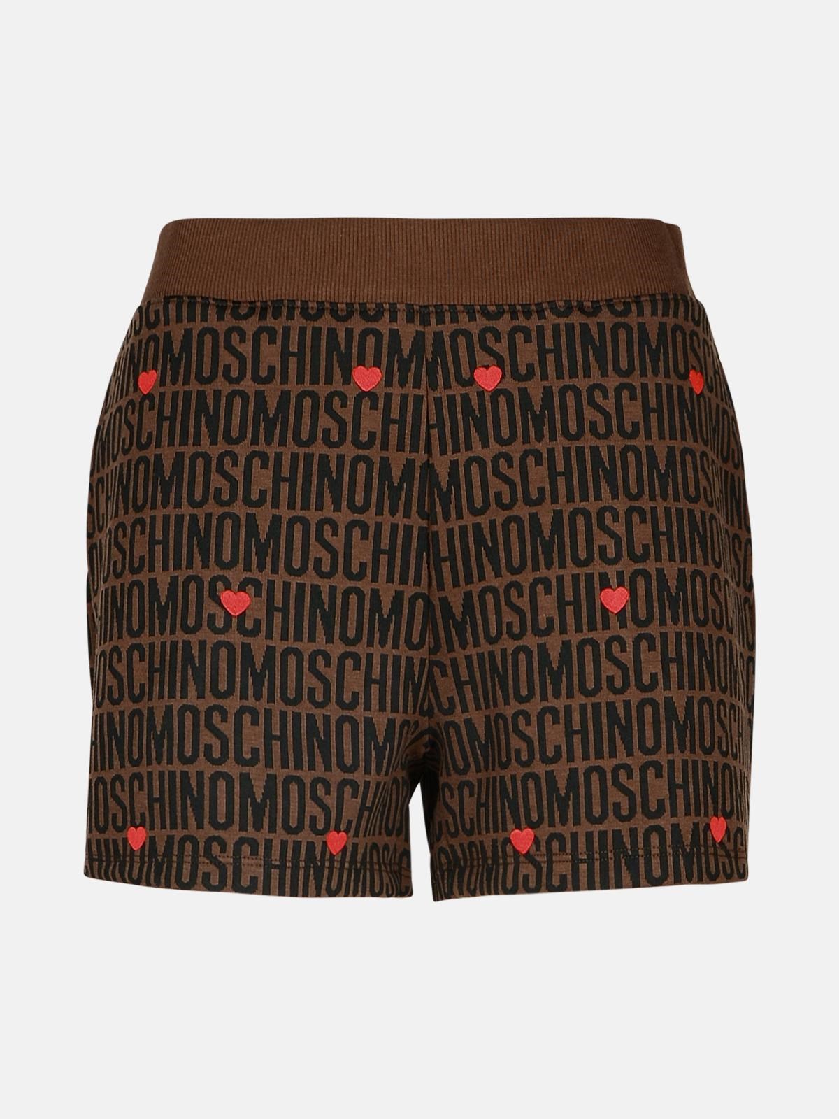 Shop Moschino Logo Brown Cotton Blend Shorts