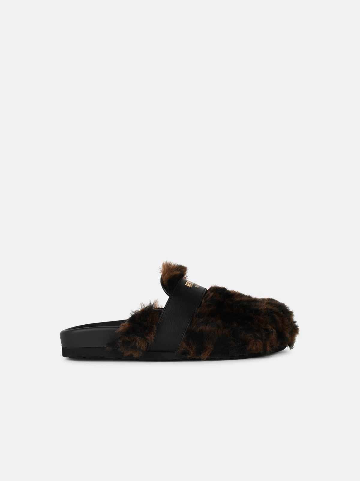 Moschino Logo Brown Leather Blend Slippers