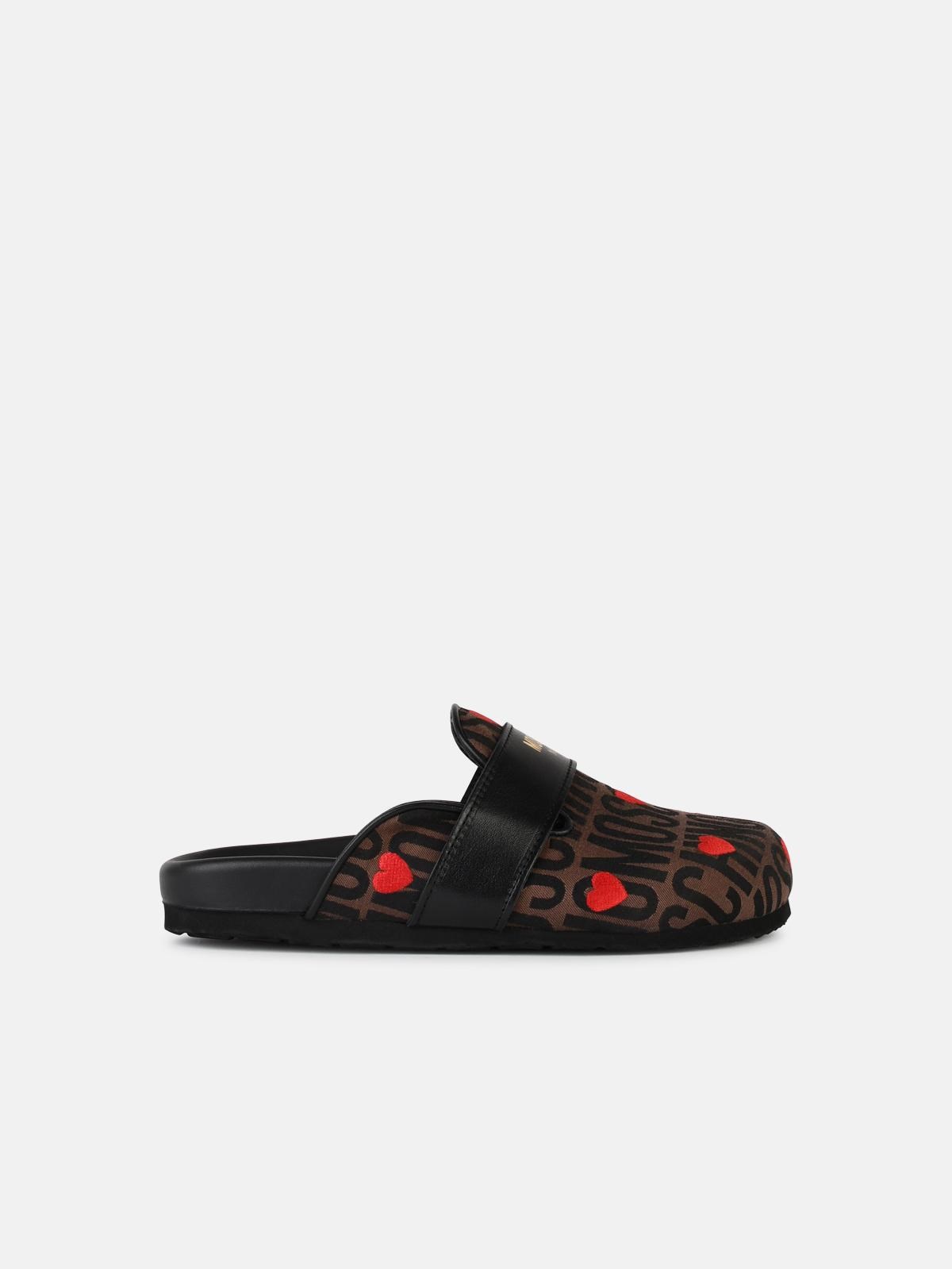 Moschino Logo Brown Leather Blend Slippers