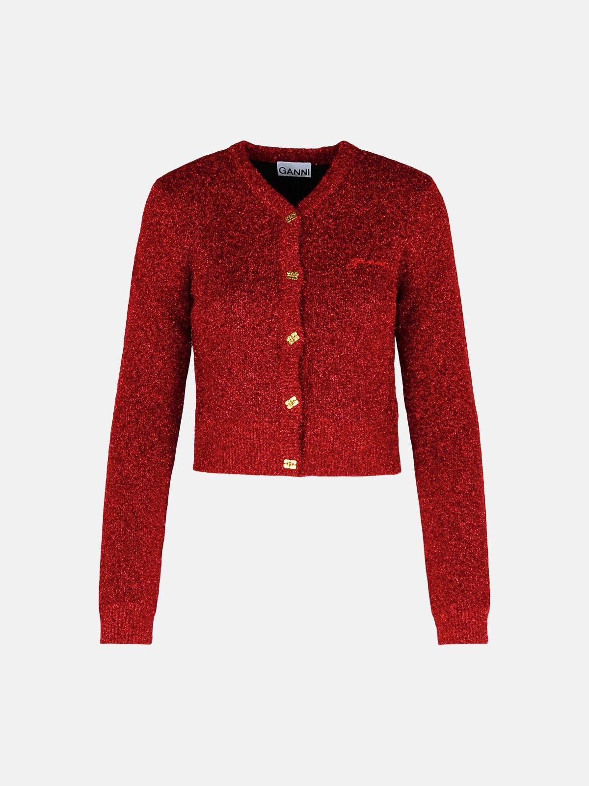 Ganni 'sparkle' Red Wool Blend Cardigan In Red