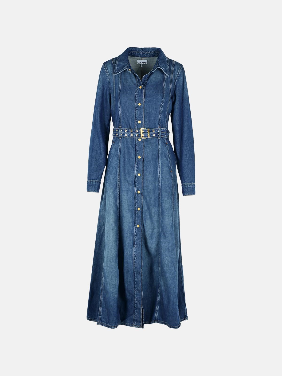 Ganni Blue Long Dress With Adjustable And Removable Waist Belt In Cotton Blend Woman In Blue