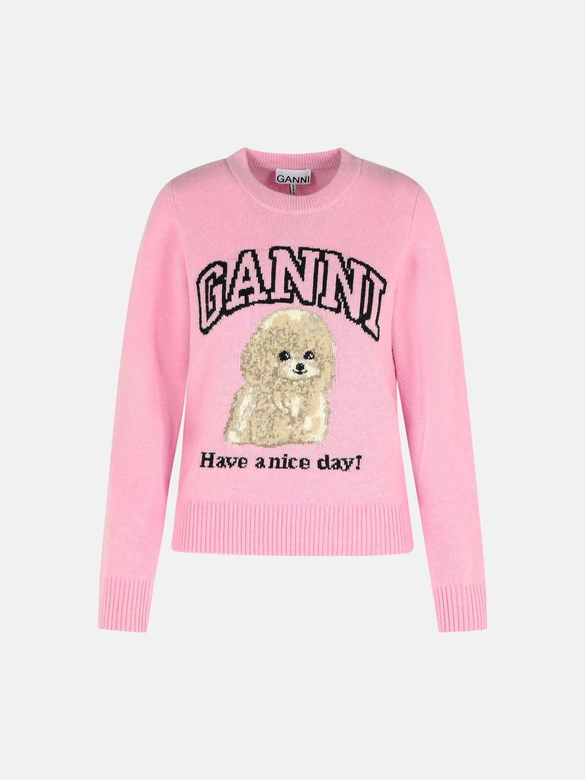 Ganni Poodle Graphic Sweater In Pink Wool Blend In Pink