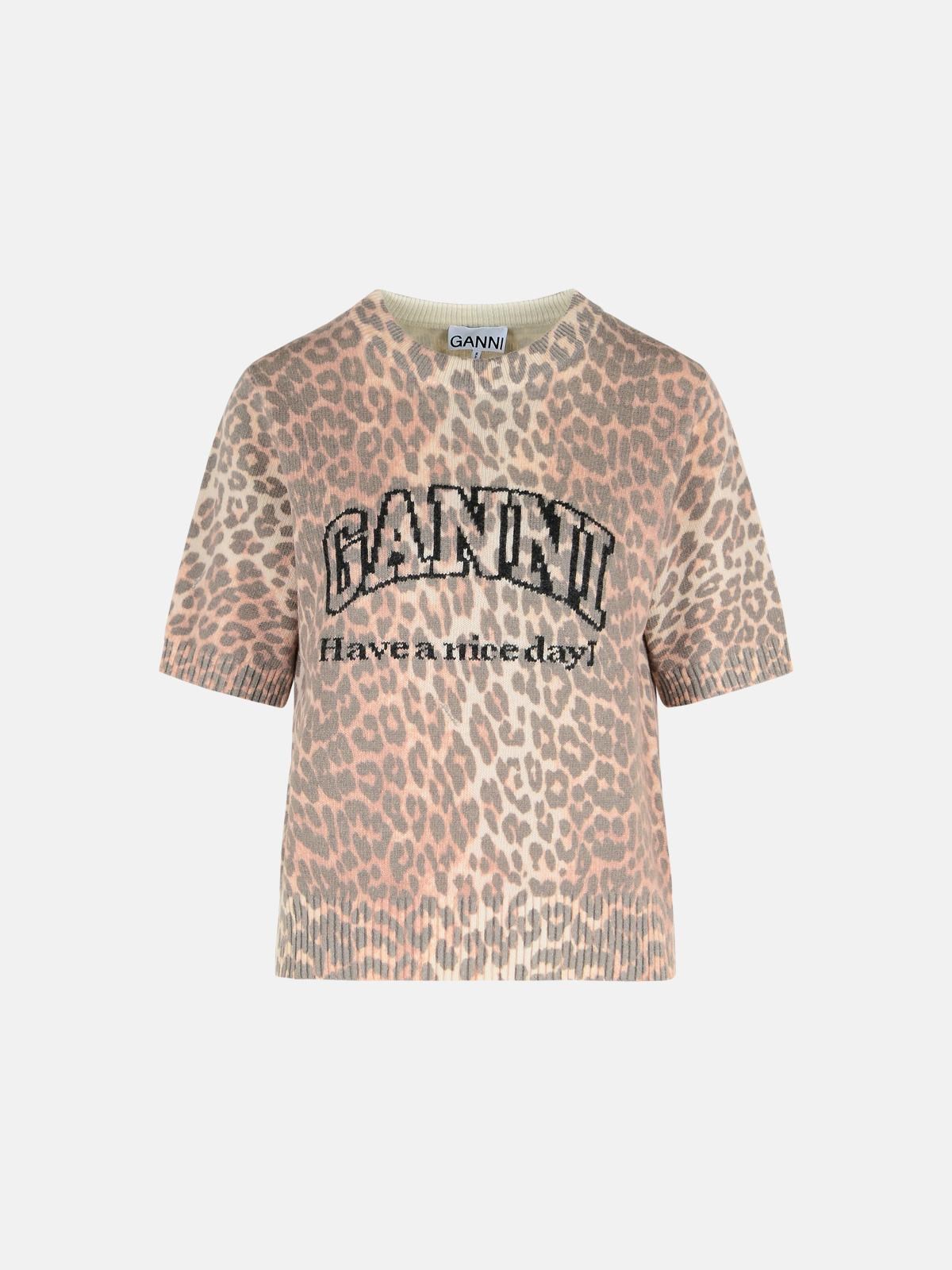 Ganni Leopradata Wool Blend T-shirt In Multi