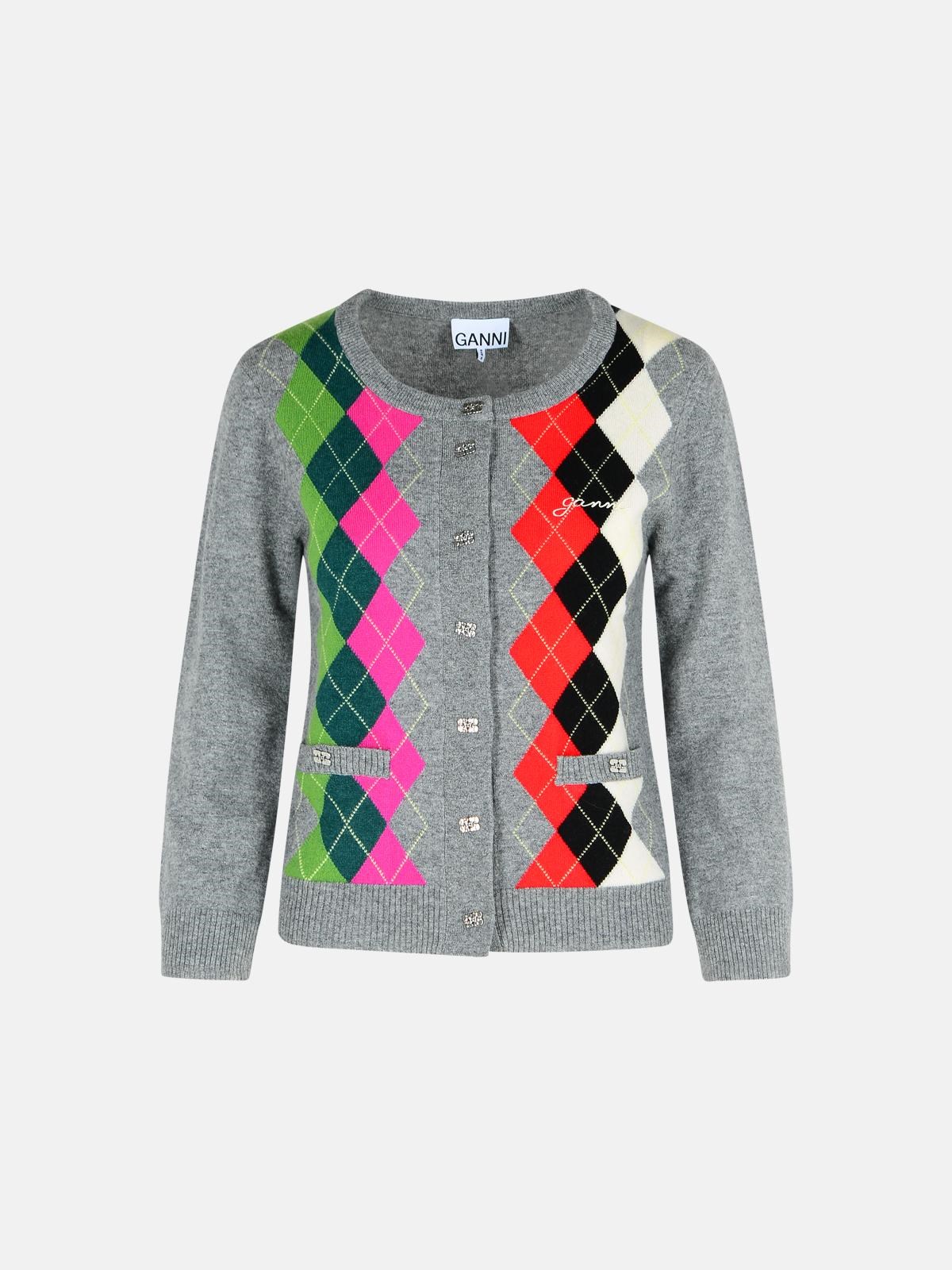 GANNI Grey Checked Cashmere Blend Cardigan　GANNI グレー チェック カシミア ブレンド カーディガン GANNI