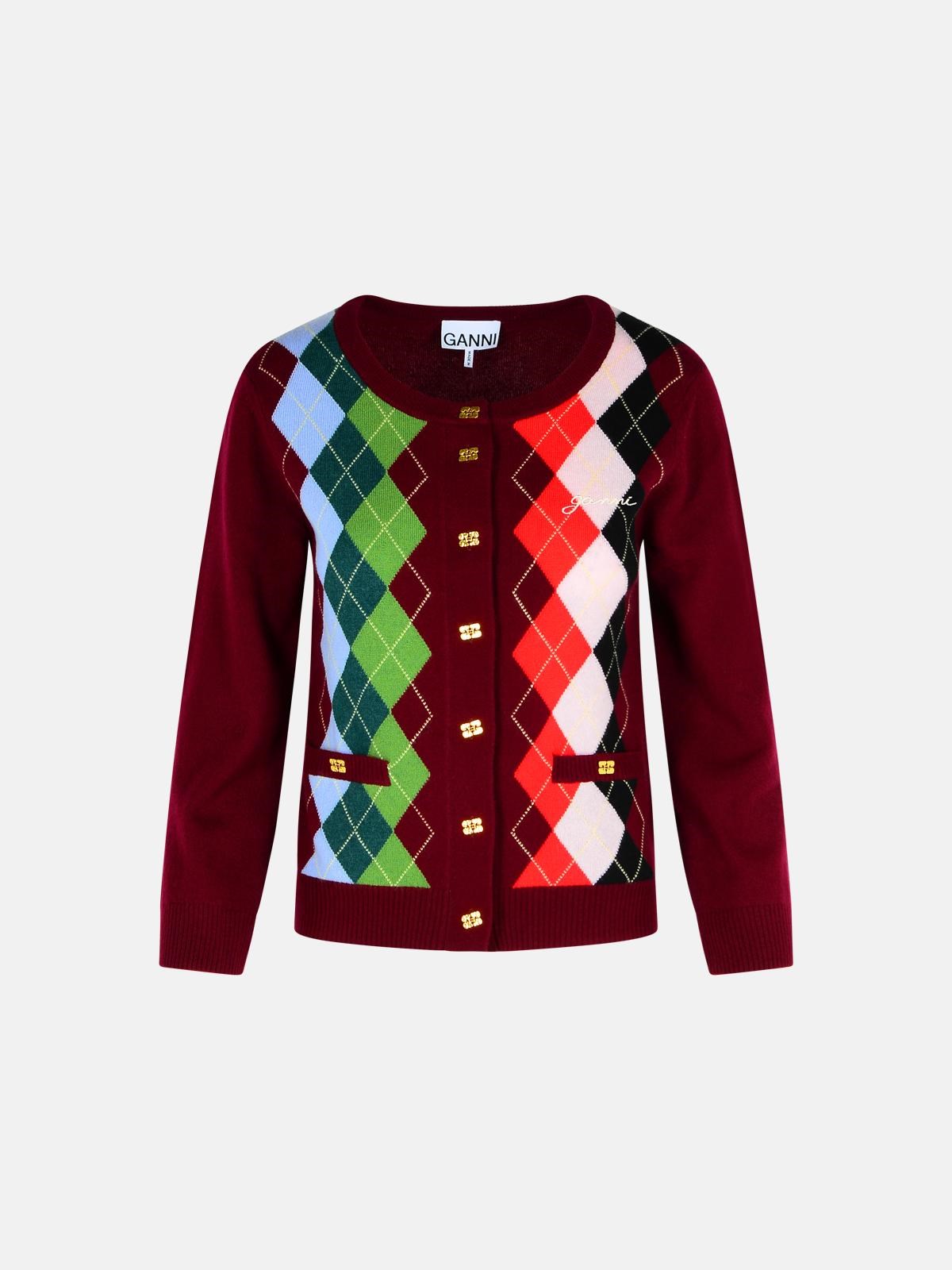 GANNI Burgundy Merino Wool Blend Check Cardigan　GANNI バーガンディ メリノウールブレンド チェック カーディガン GANNI