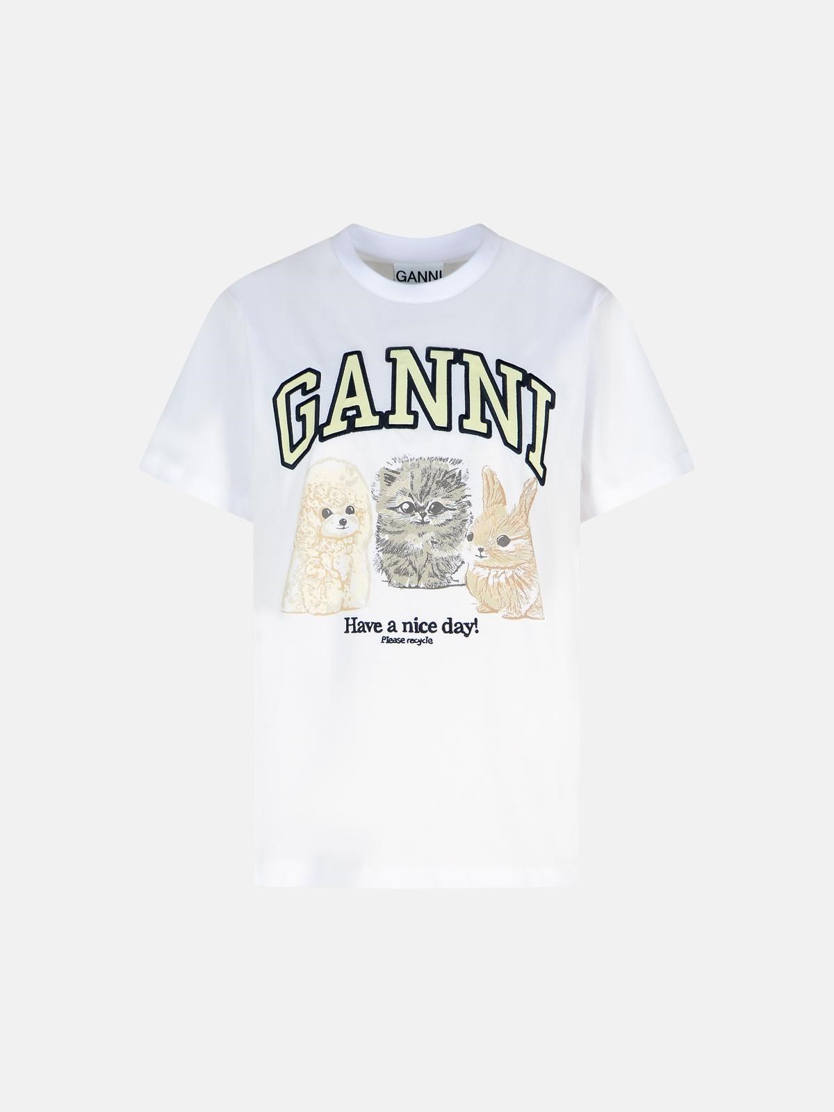 Ganni 'animallier' Printed T-shirt In White Cotton