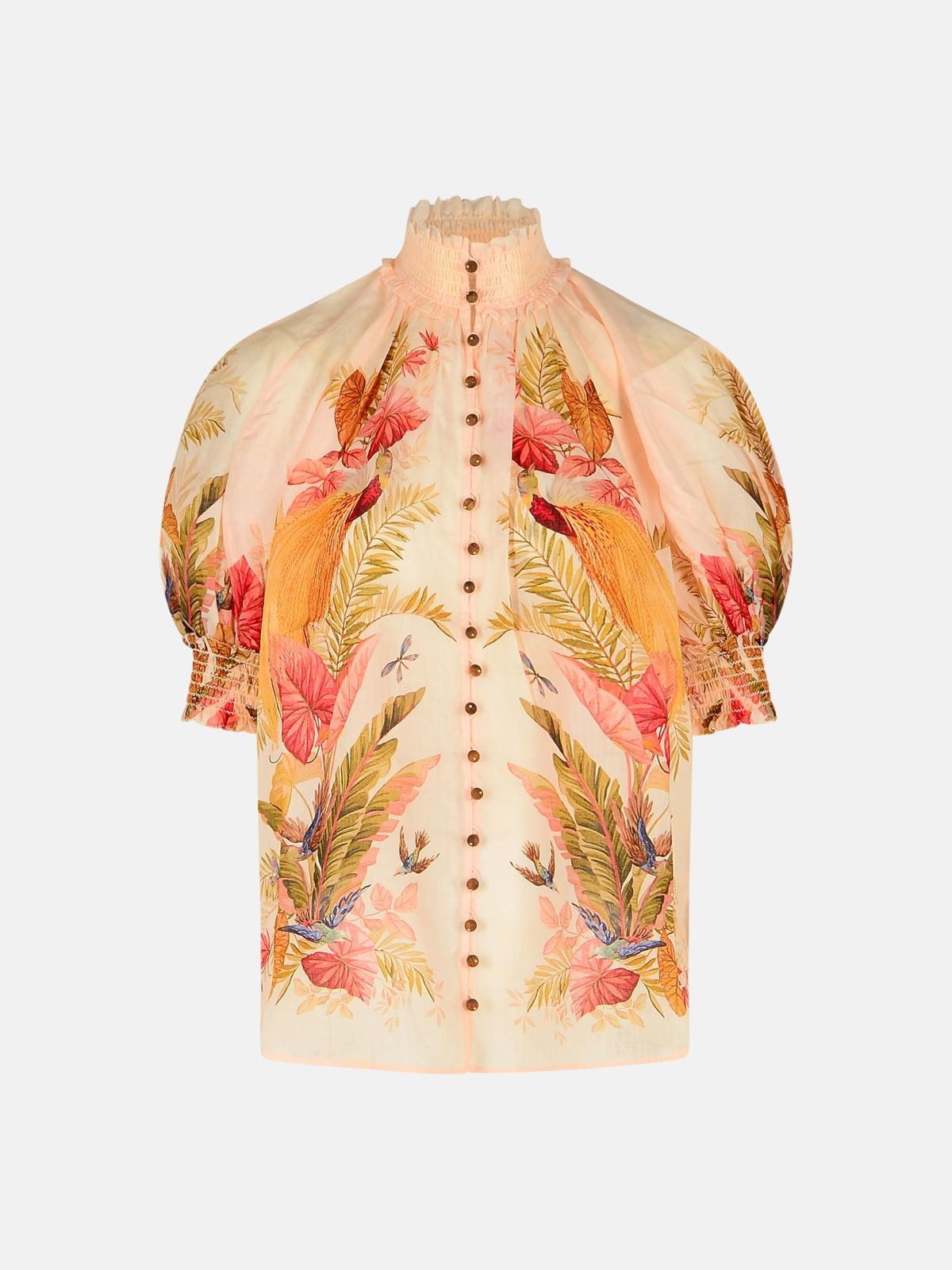 Zimmermann 'billow' Ramie Puff Sleeves Blouse In 'cream Palm Floral'