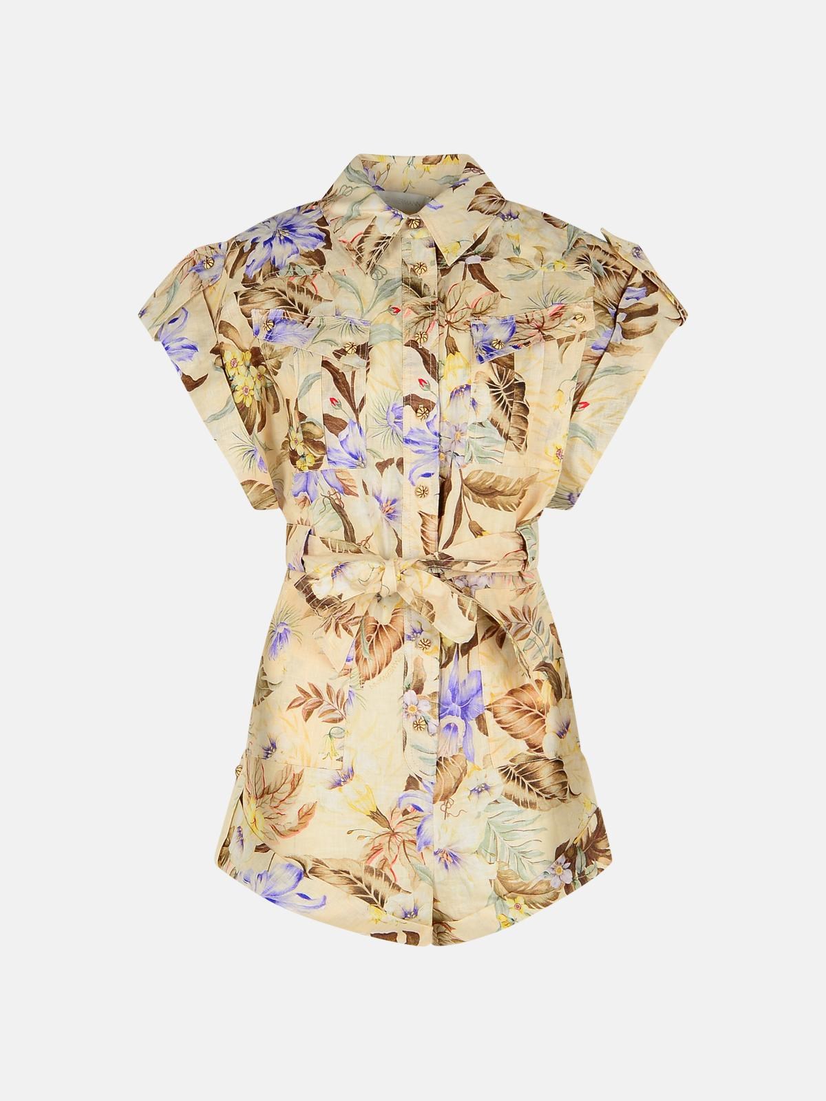 Zimmermann 'coco' One-piece Jumpsuit In Beige Linen With Multi Floral