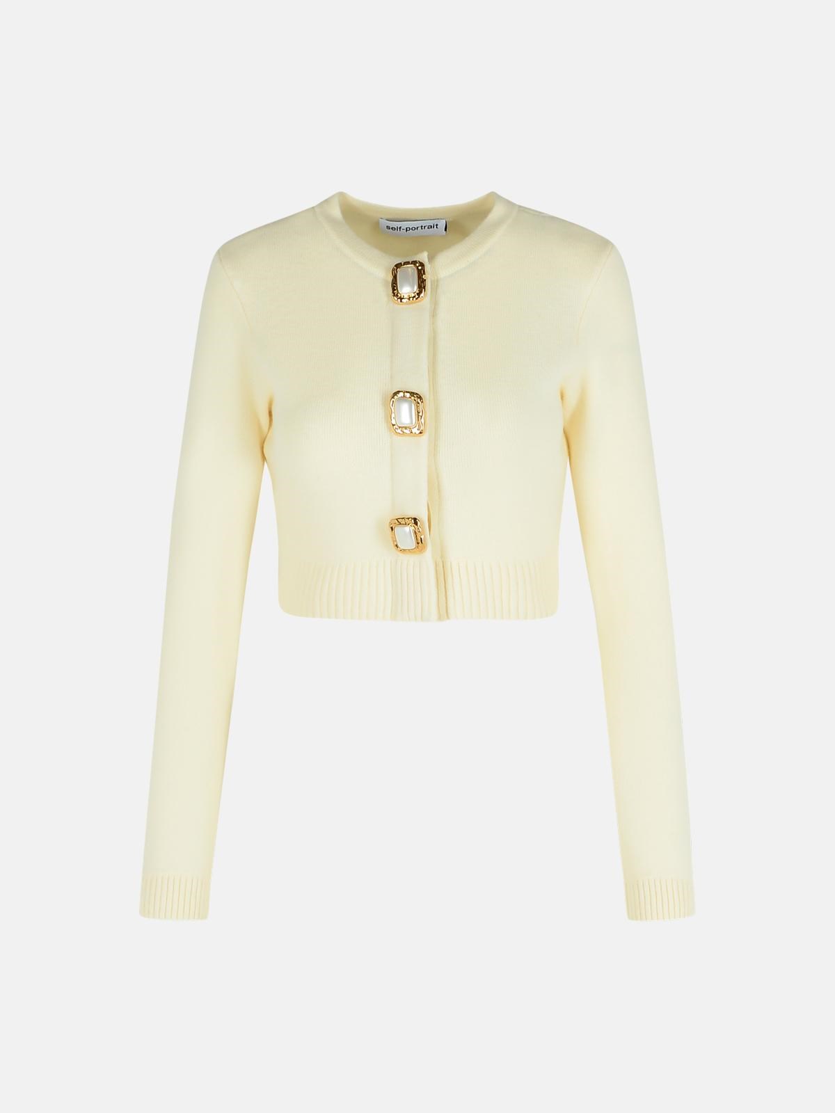 Self-portrait Cream Wool Knit Cardigan In White