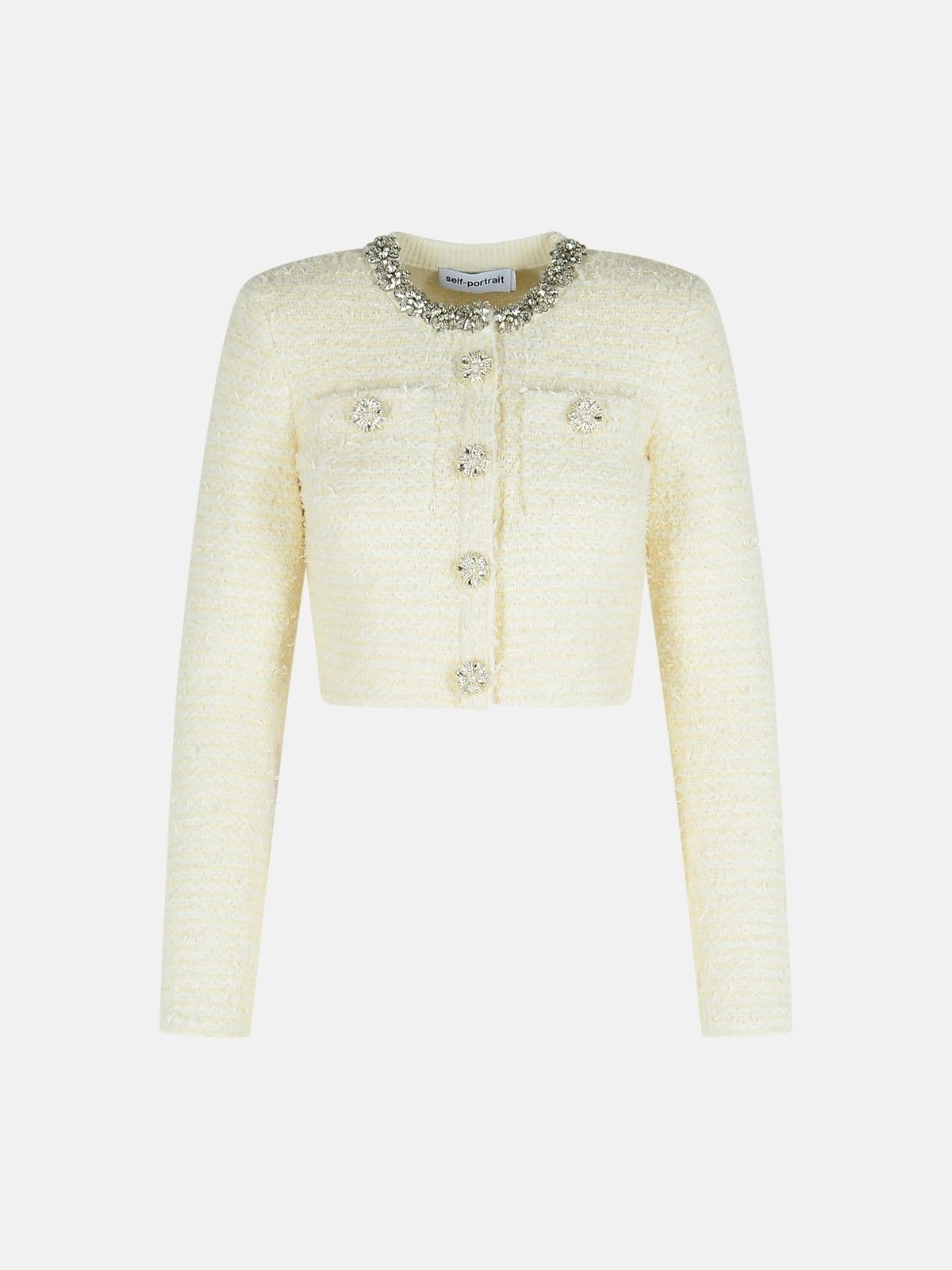 Self-portrait Cream Wool Blend Cardigan In White