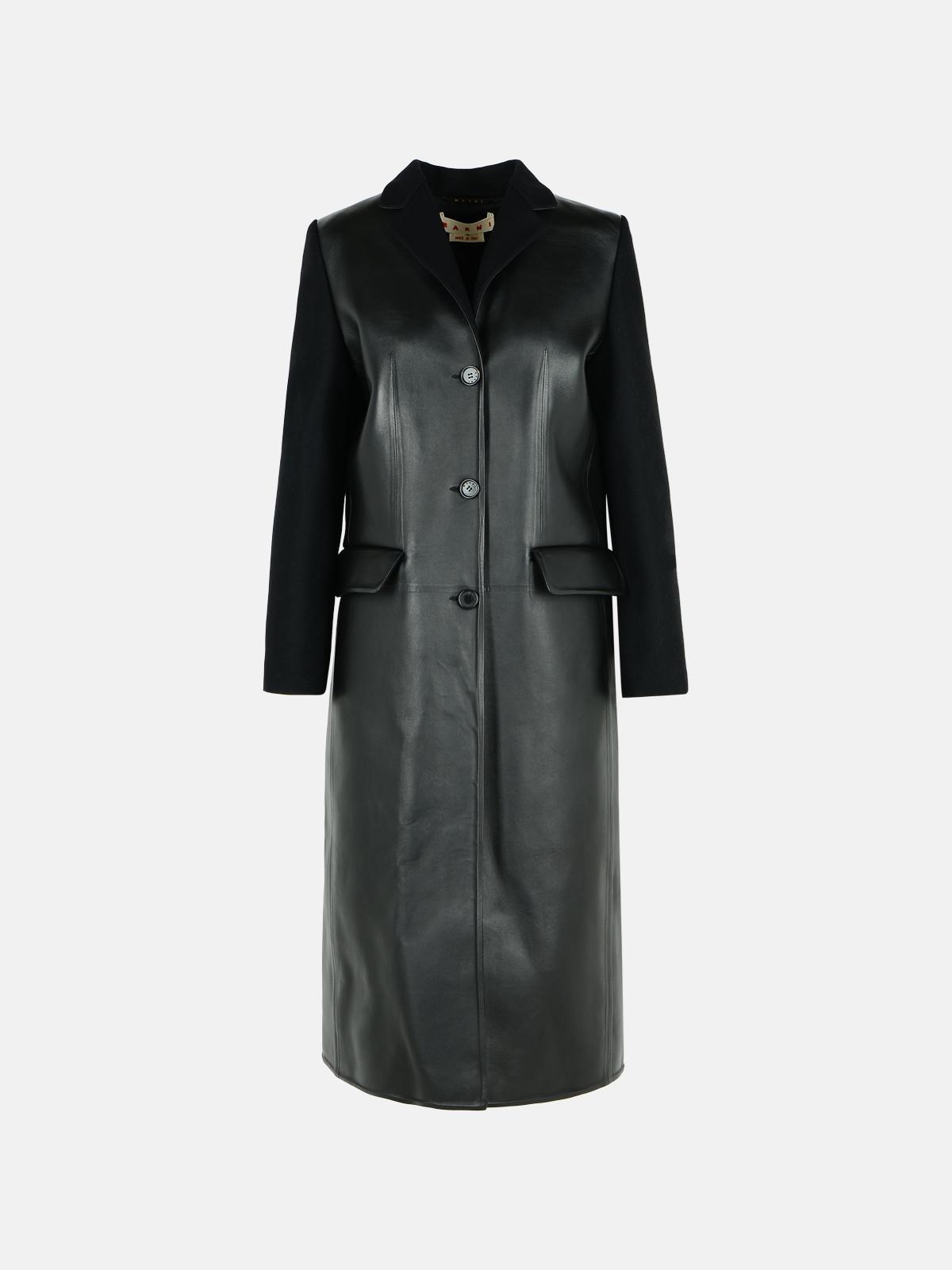 Marni Black Leather And Virgin Wool Coat In Black