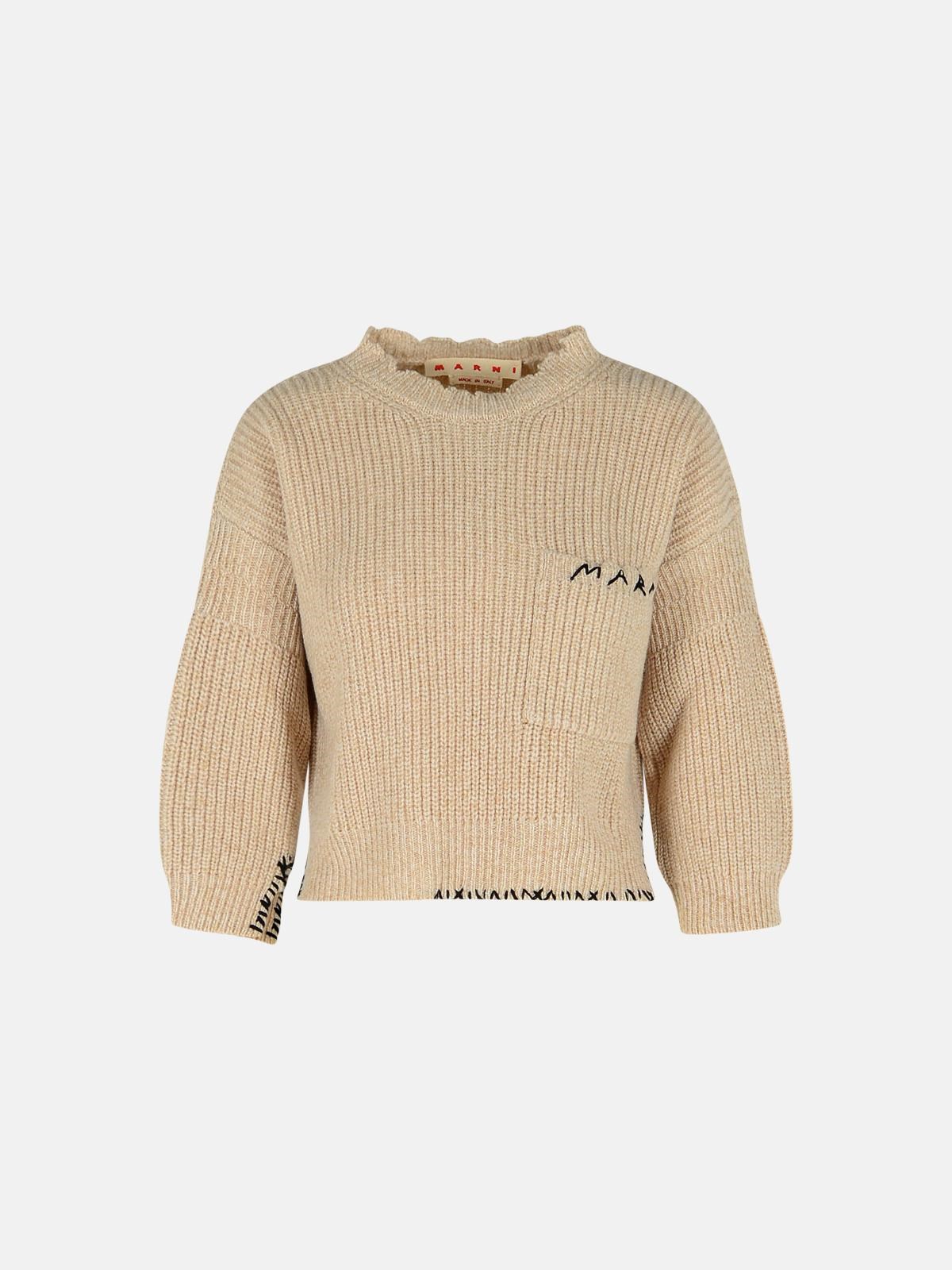 Marni Beige Mouliné Virgin Wool Sweater With ' Mending' Embroidery