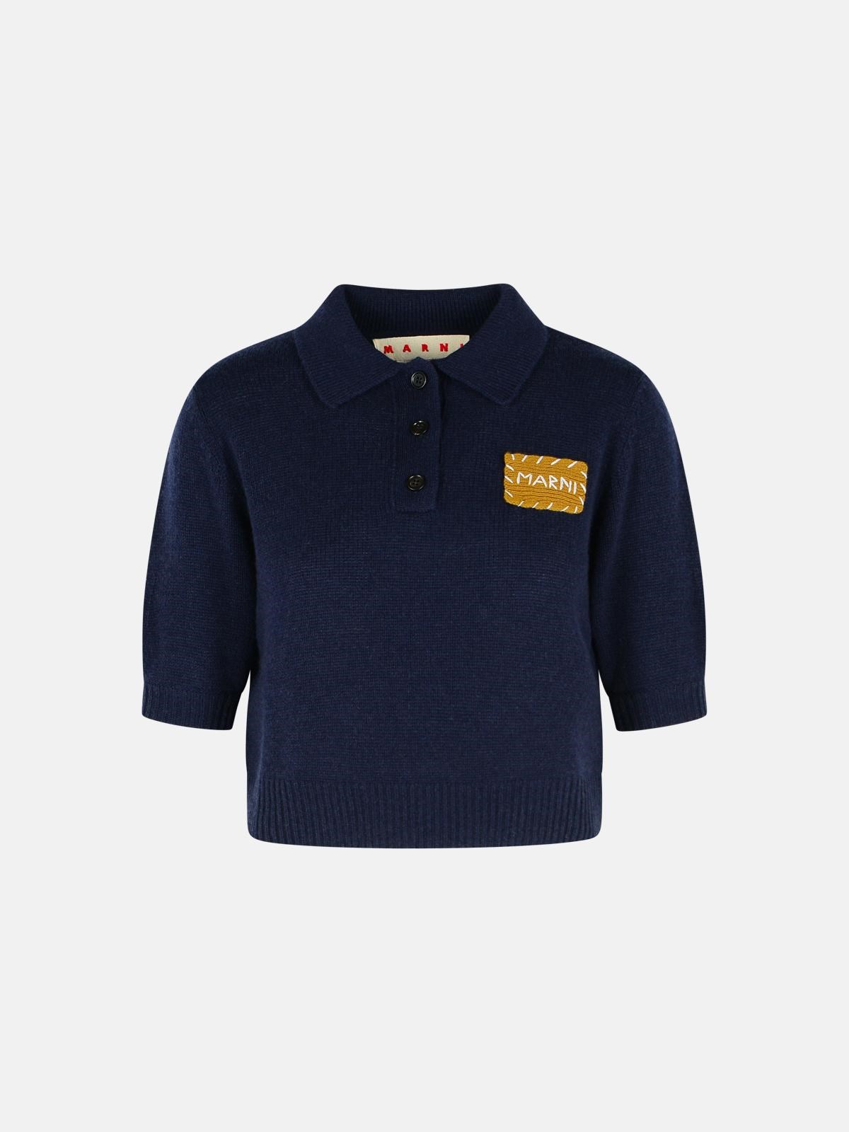 Marni Polo Sweater In Dark Blue Cashmere With '' Application
