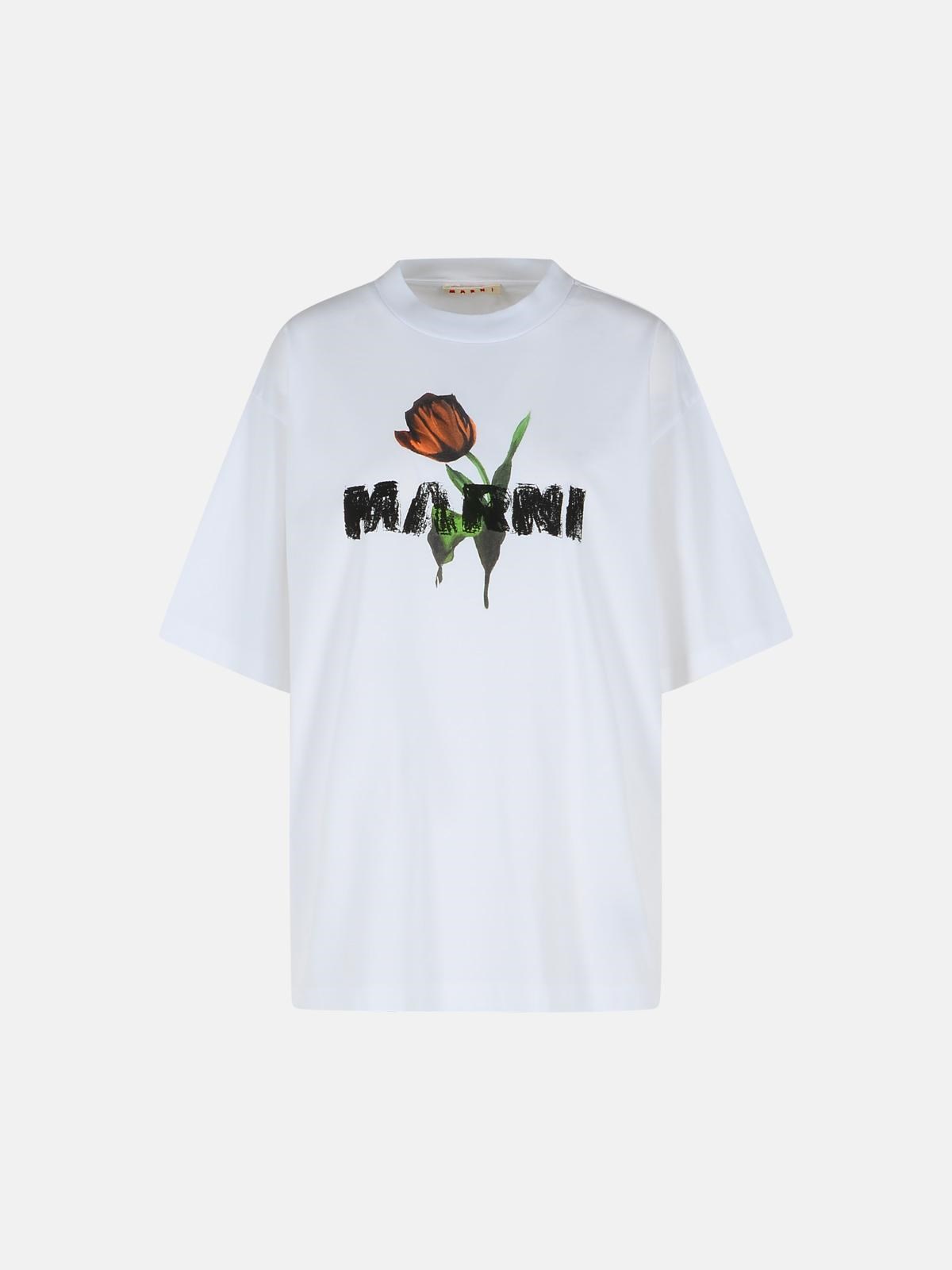 Marni White Cotton T-shirt With Tulip Print