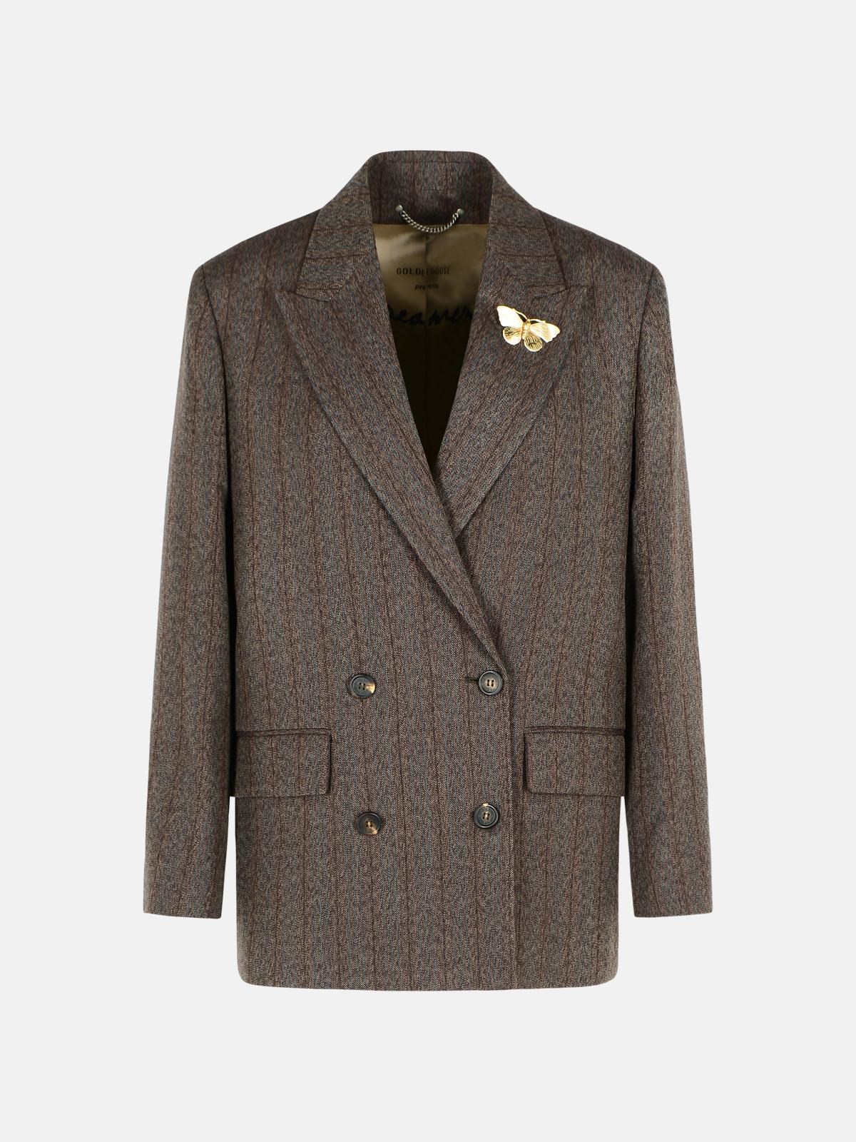 Golden Goose Double-breasted Pinstripe Dark Brown Wool Blazer In Brown