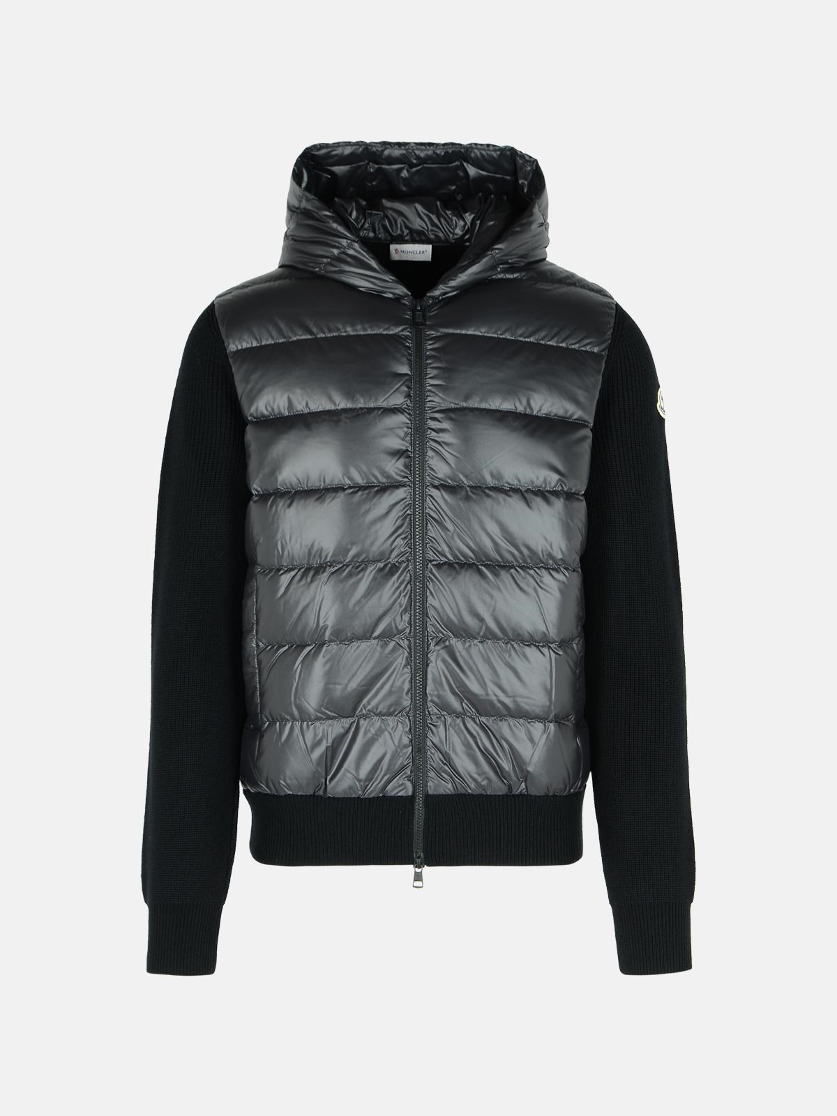 Moncler Hooded Quilted Sweater Ribbed Sleeves In Black