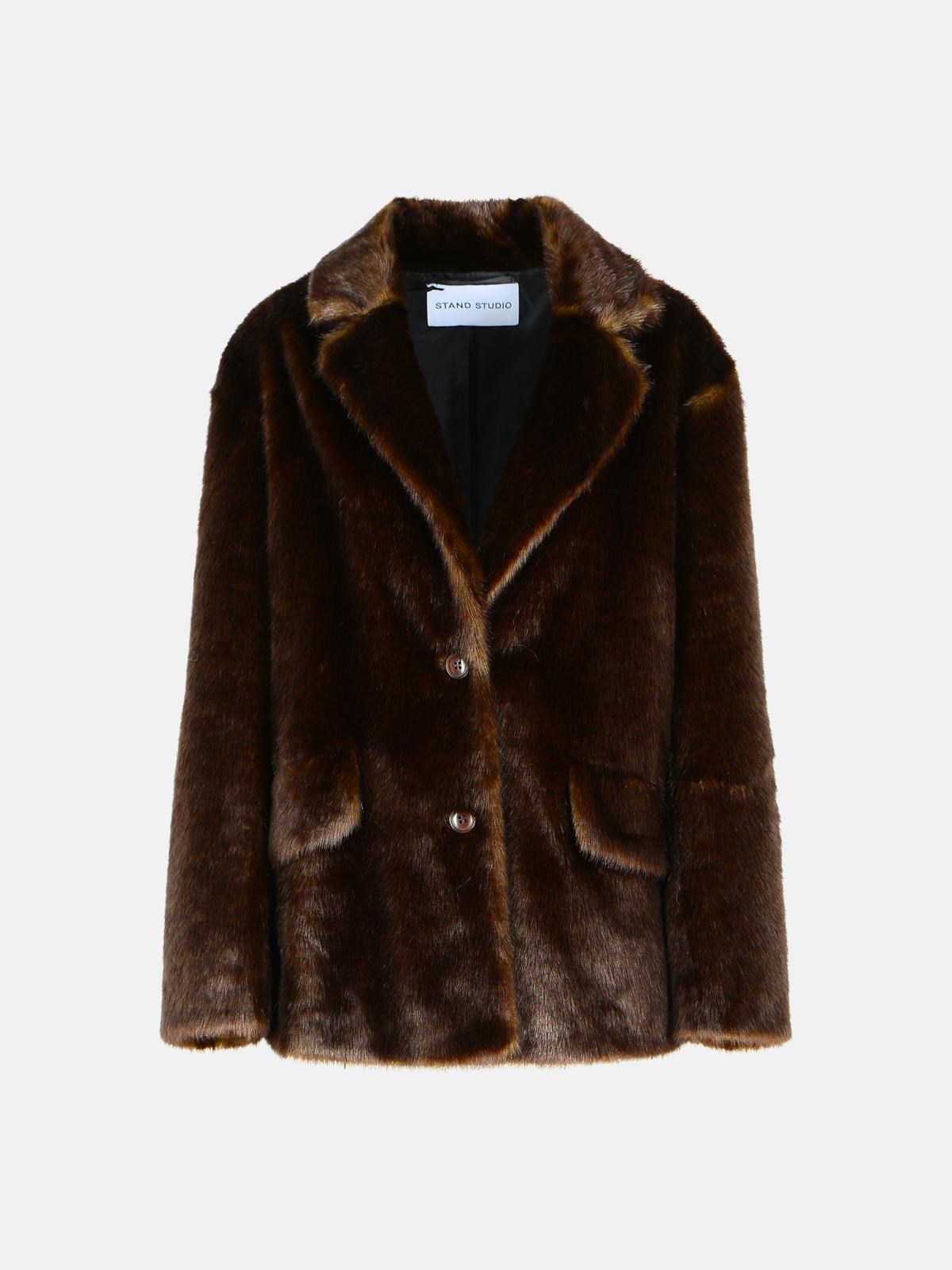 Stand Studio 'evyn' Dark Brown Faux Fur Jacket In Brown