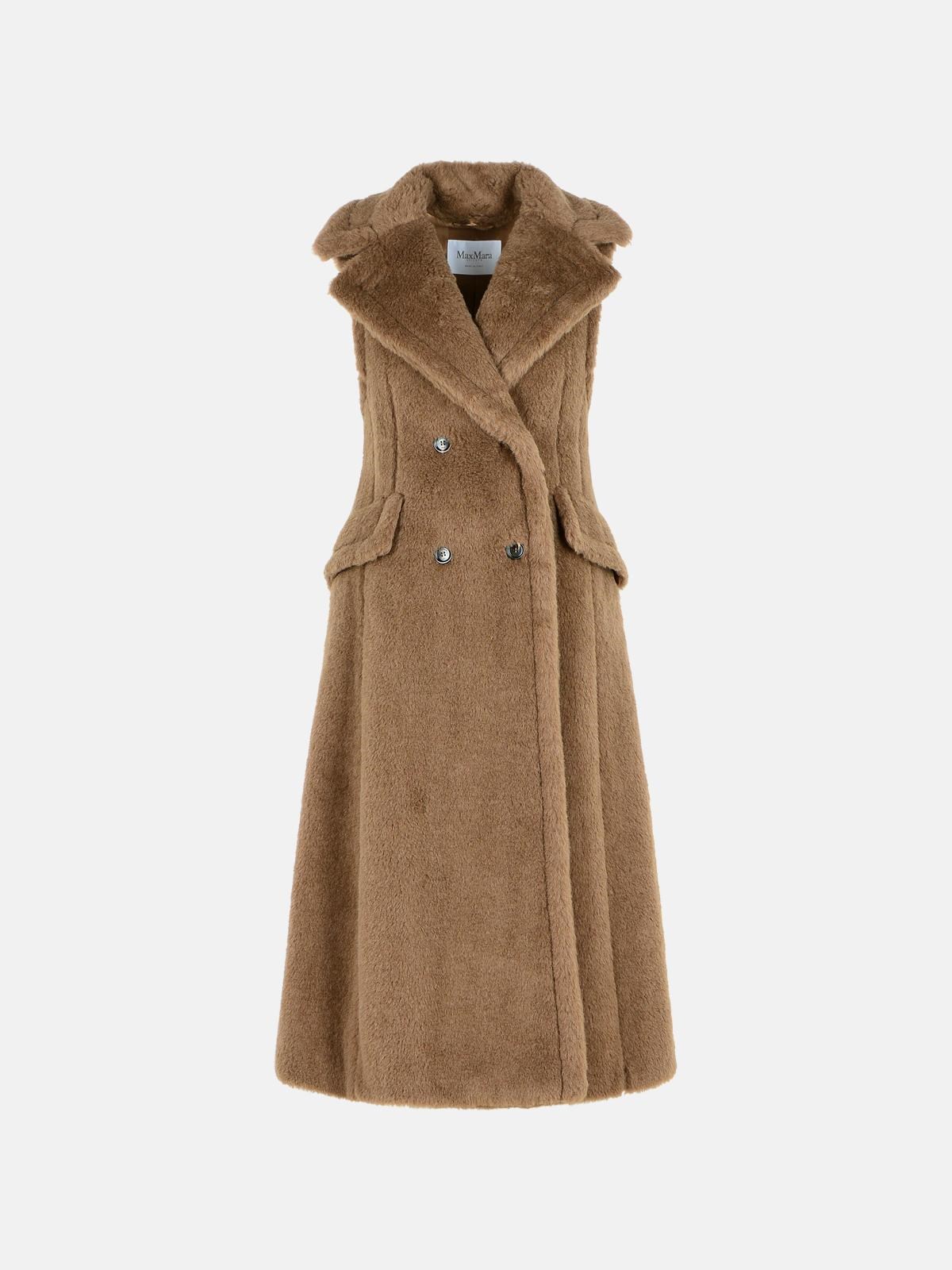 Max Mara 'boario 1234' Sleeveless Coat In Alpaca And Brown Wool 'teddy' In Brown
