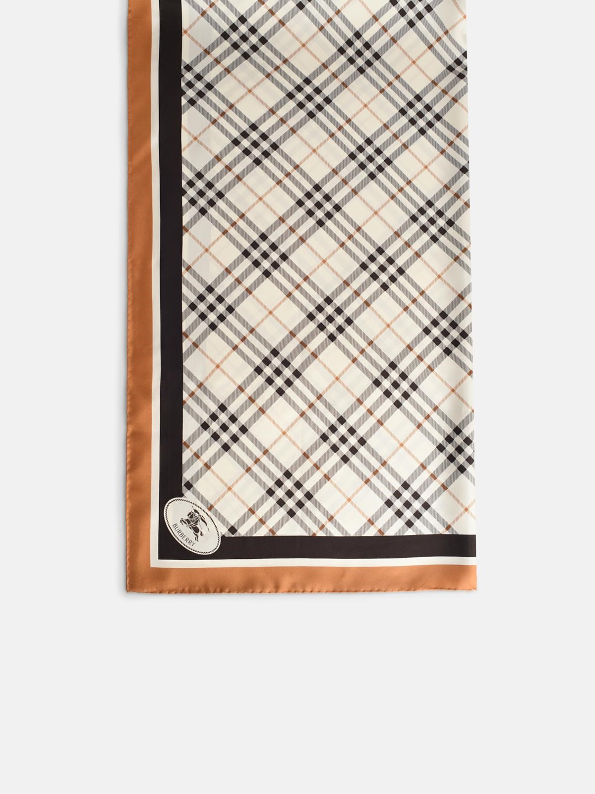 Burberry BURBERRY Check Silk Scarf With White 'Knight Stamp' 'Pebble'　BURBERRY チェック シルク スカーフ ホワイト 'Knight Stamp' 'Pebble'