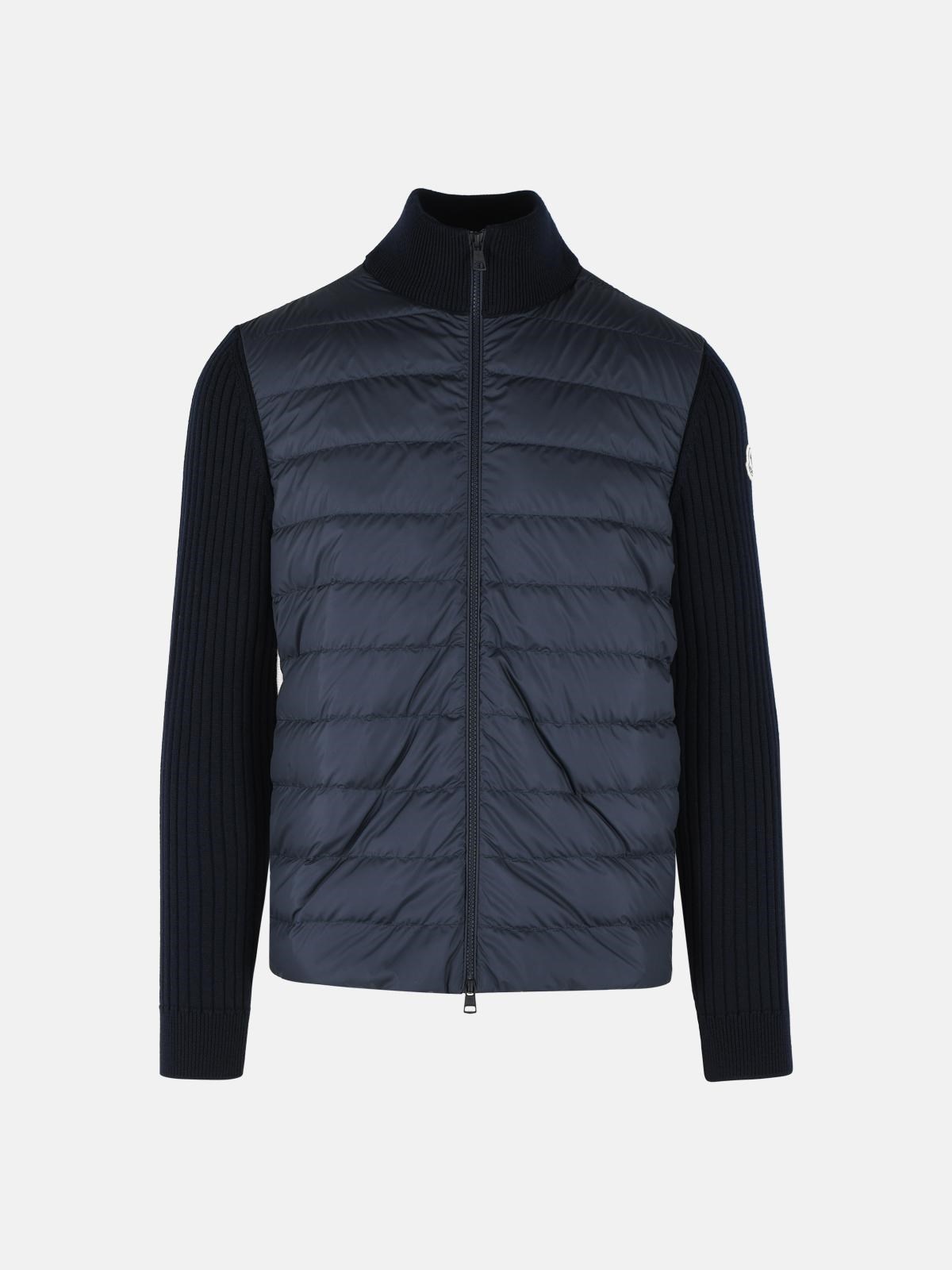 MONCLER Padded Virgin Wool Cardigan With Zip Navy Blue