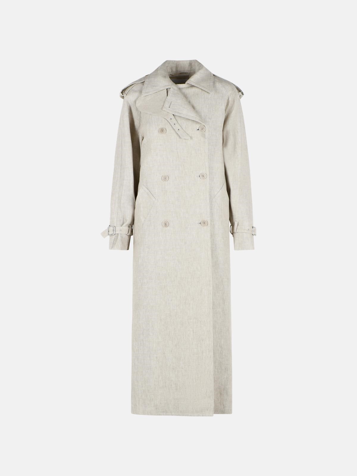MAX MARA Double-Breasted Duster In 'Drill' Of Pure Beige Sand Linen MAX