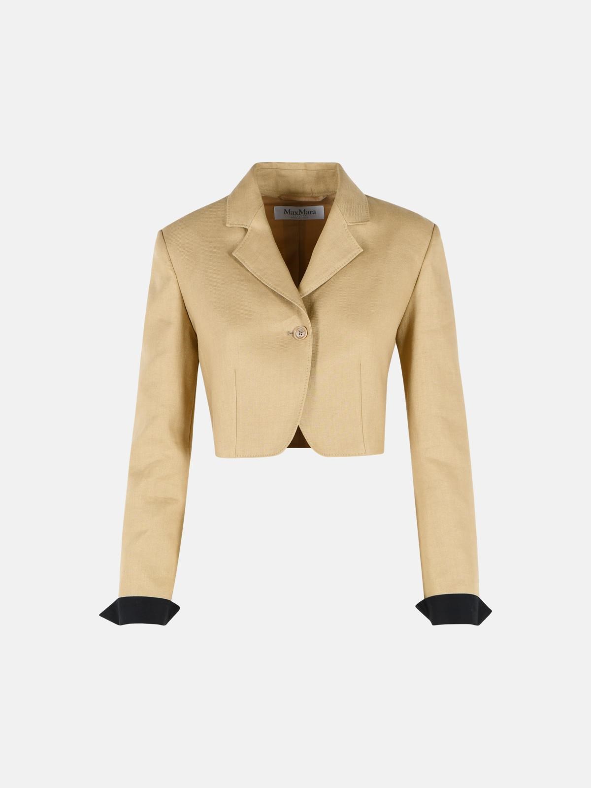 MAX MARA 'Buono' Diagonal Cropped Jacket In Camel Linen　MAX MARA 'Buono' ダイアゴナル クロップド ジャケット (キャメル リネン) MAX
