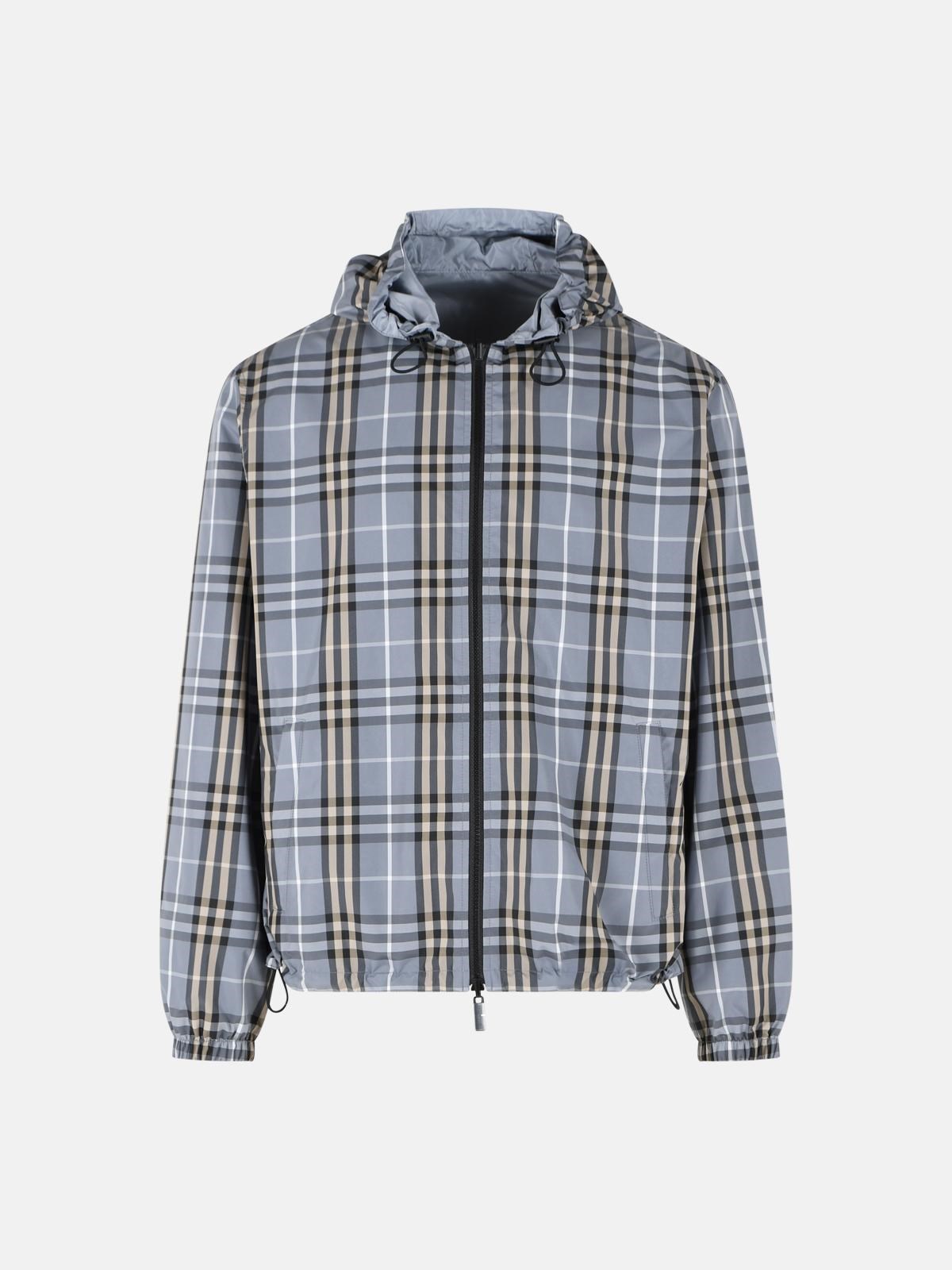 BURBERRY Blue Wave Polyester 'Newport Check' Reversible Hooded Jacket　バーバリー ブルーウェーブ ポリエステル ニューポート チェック リバーシブル フード付きジャケット BURBERRY