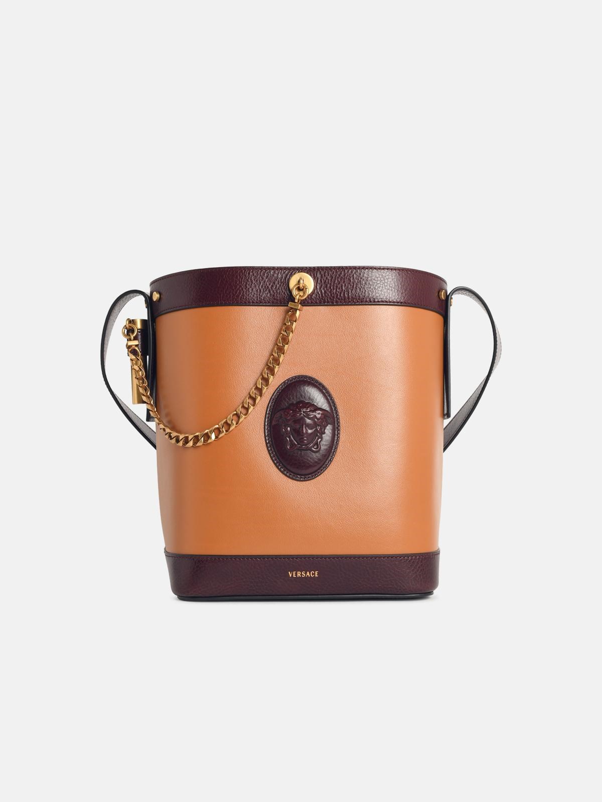 VERSACE 'Pivot' Small Brown Leather Bucket Bag