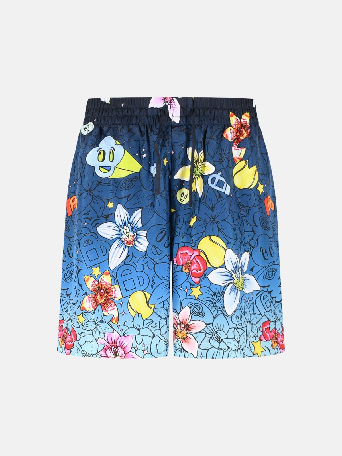 CASABLANCA Collage D'icones' Blue Silk Shorts　カサブランカ コラージュ ディコネ ブルー シルク ショーツ CASABLANCA